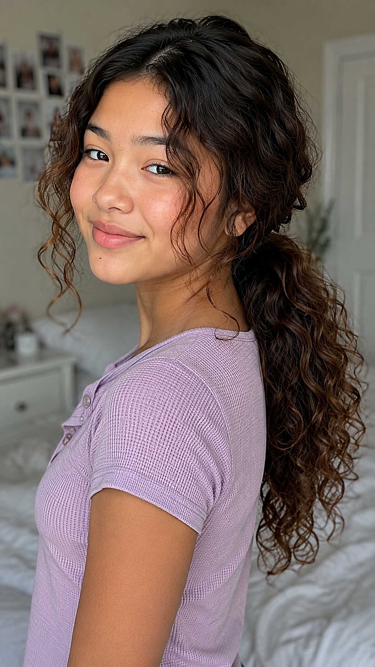 Loose Low Ponytail on Long Curls with Warm Ends That Do the Heavy Lifting