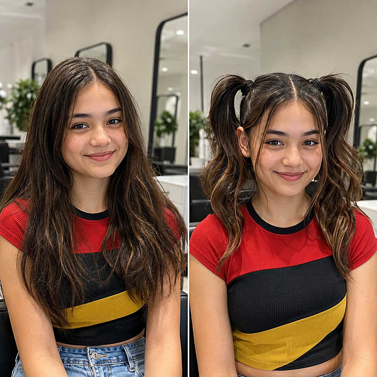 Messy High Pigtails with Curtain Pieces on Long Wavy Hair