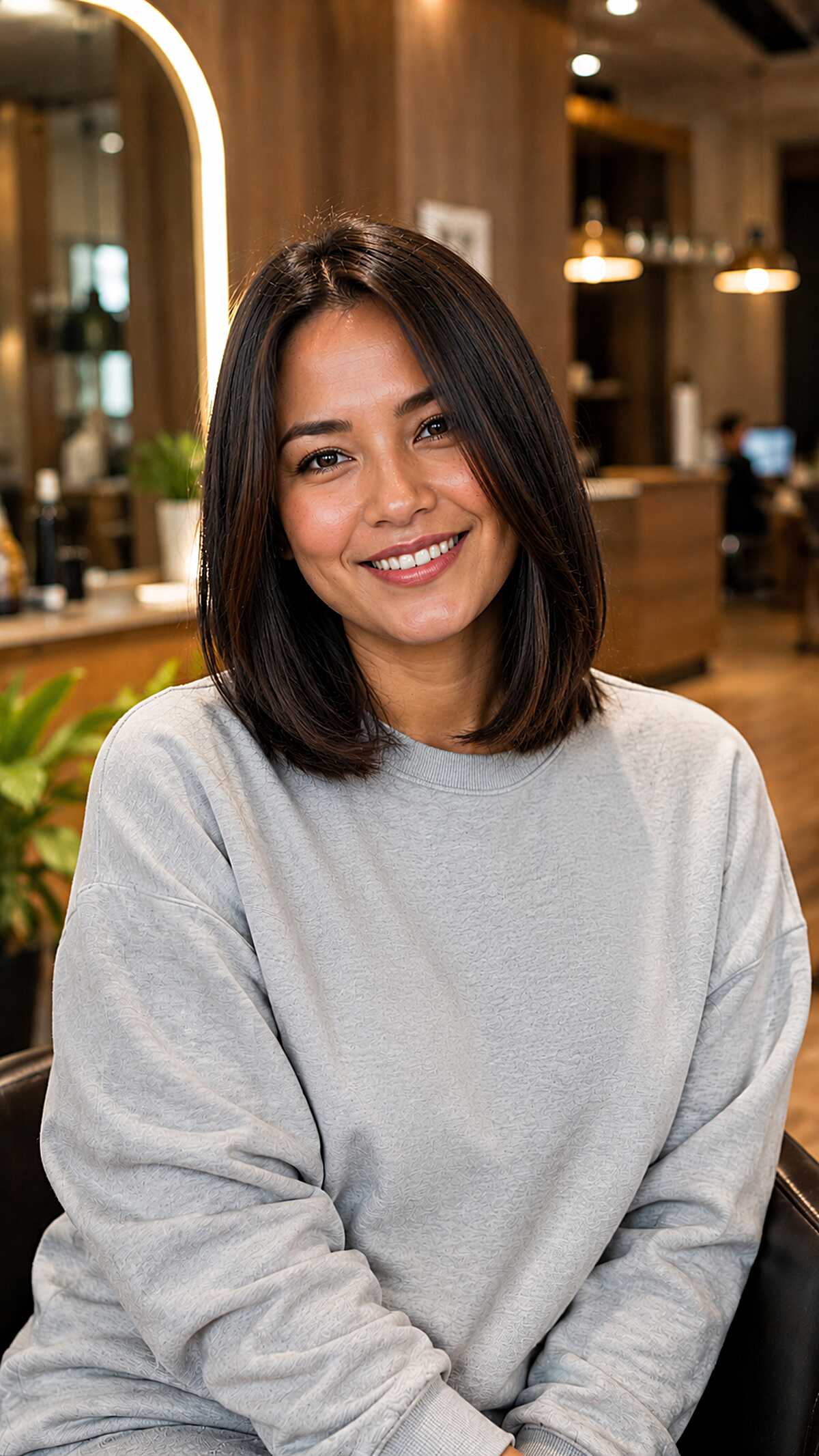 One-Length Brunette Lob with Soft Center Part
