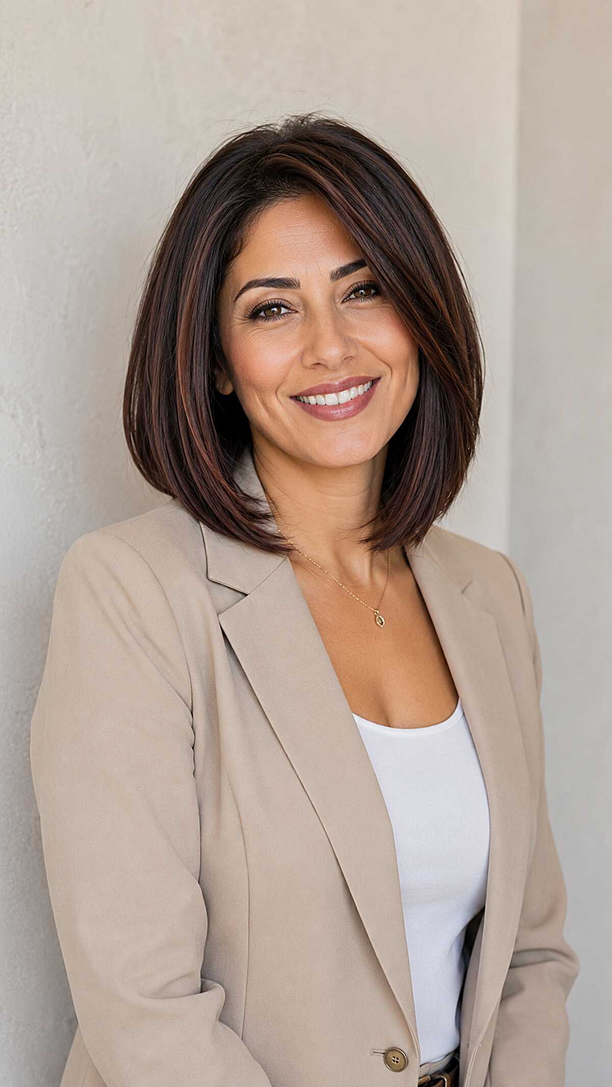 Polished Brunette Bob with Warm Auburn Ribbons