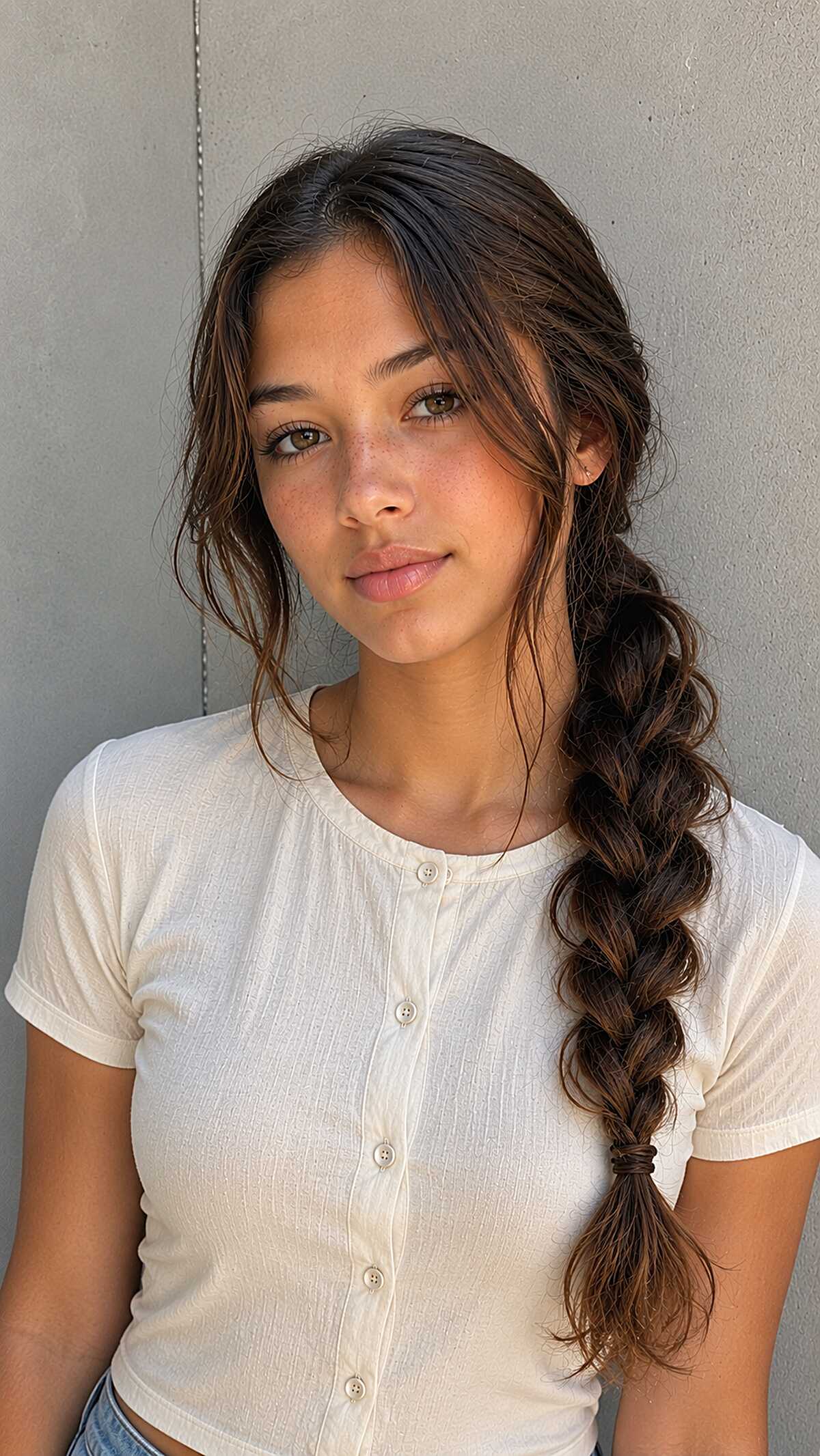 Pulled-Apart Side Braid with Wavy Loose Pieces on Long Dark Hair