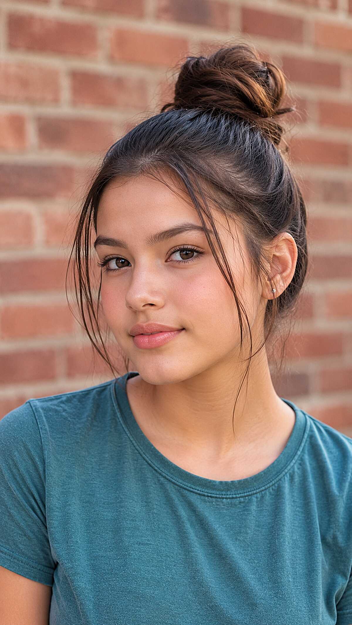 Quick Top Knot with Wispy Front Pieces on Dark Straight Hair