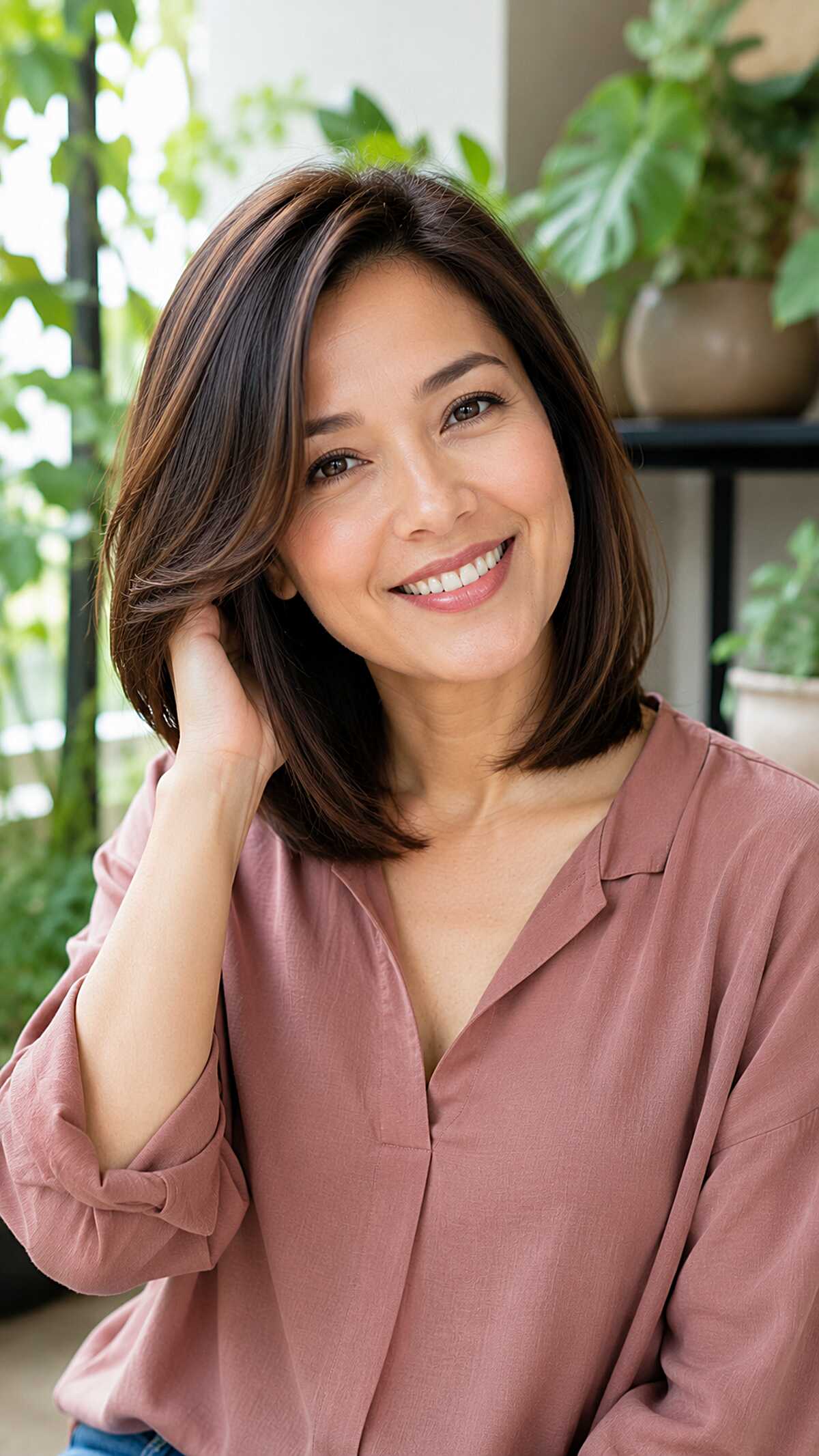 Shoulder-Length Brunette Lob with Soft Interior Movement
