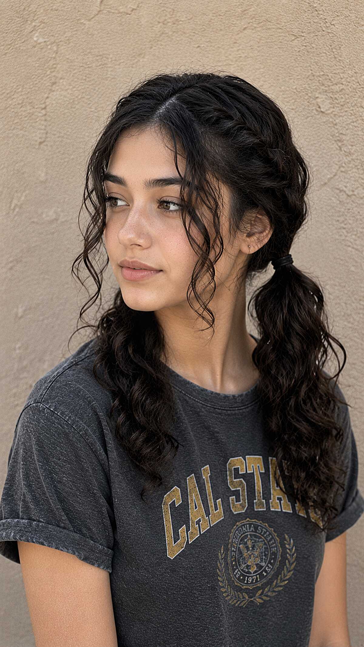 Side Braid Detail Into a Low Curly Ponytail That Gets Better as It Loosens