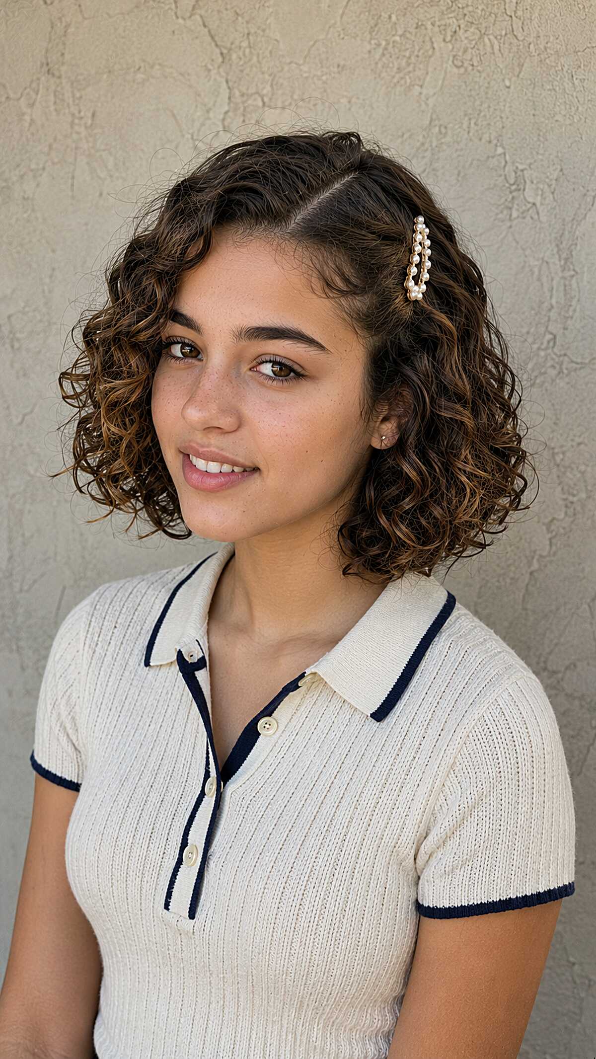 Side-Parted Curly Bob Pinned Back with a Pearl Clip