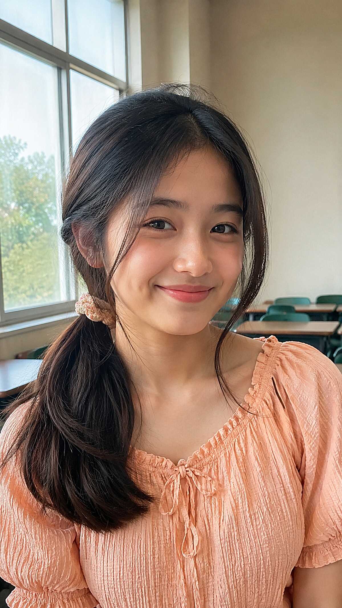 Side-Swept Low Ponytail with Crochet Scrunchie on Dark Straight Hair