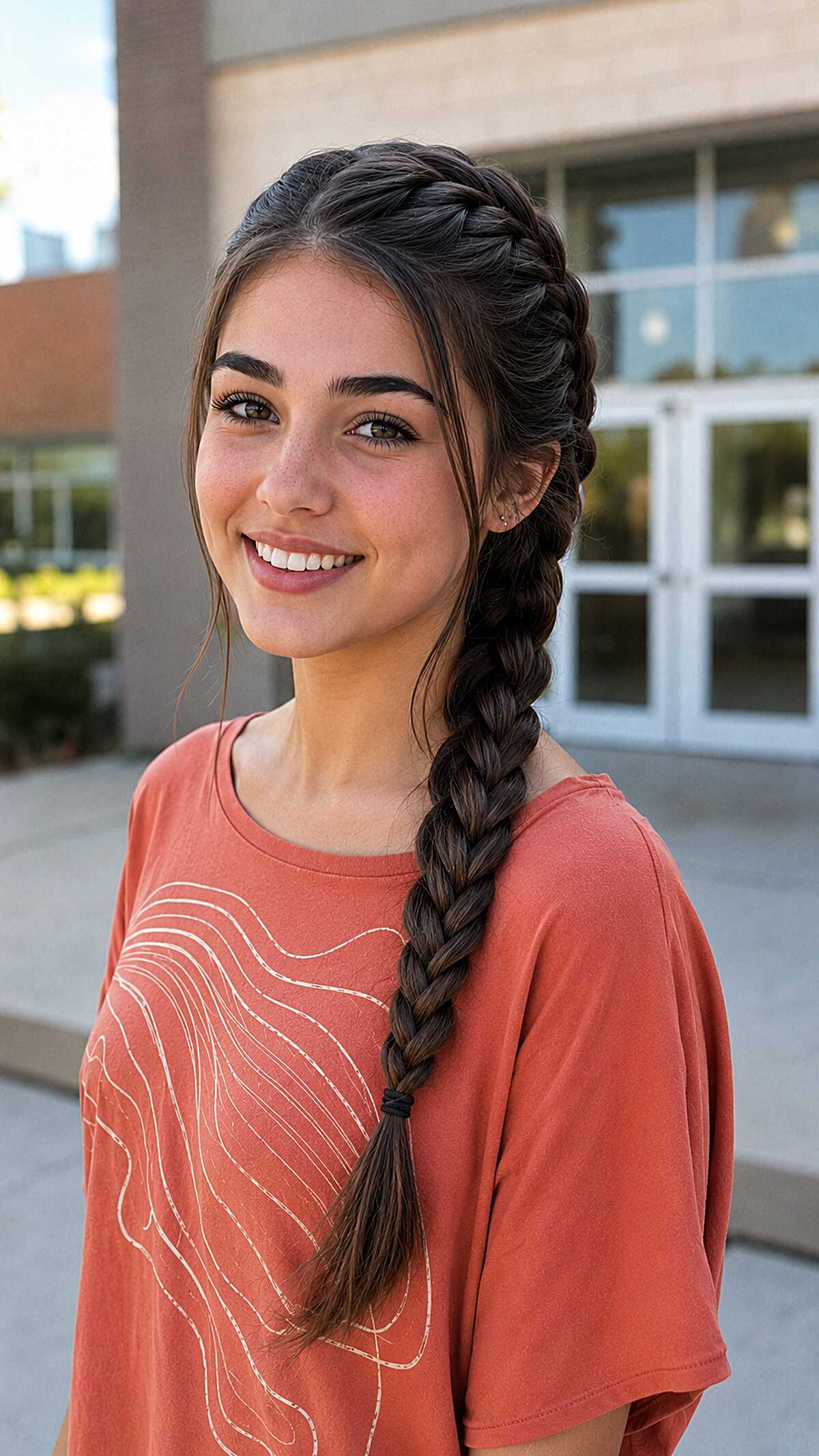 Single French Braid Swept to One Side on Long Dark Hair
