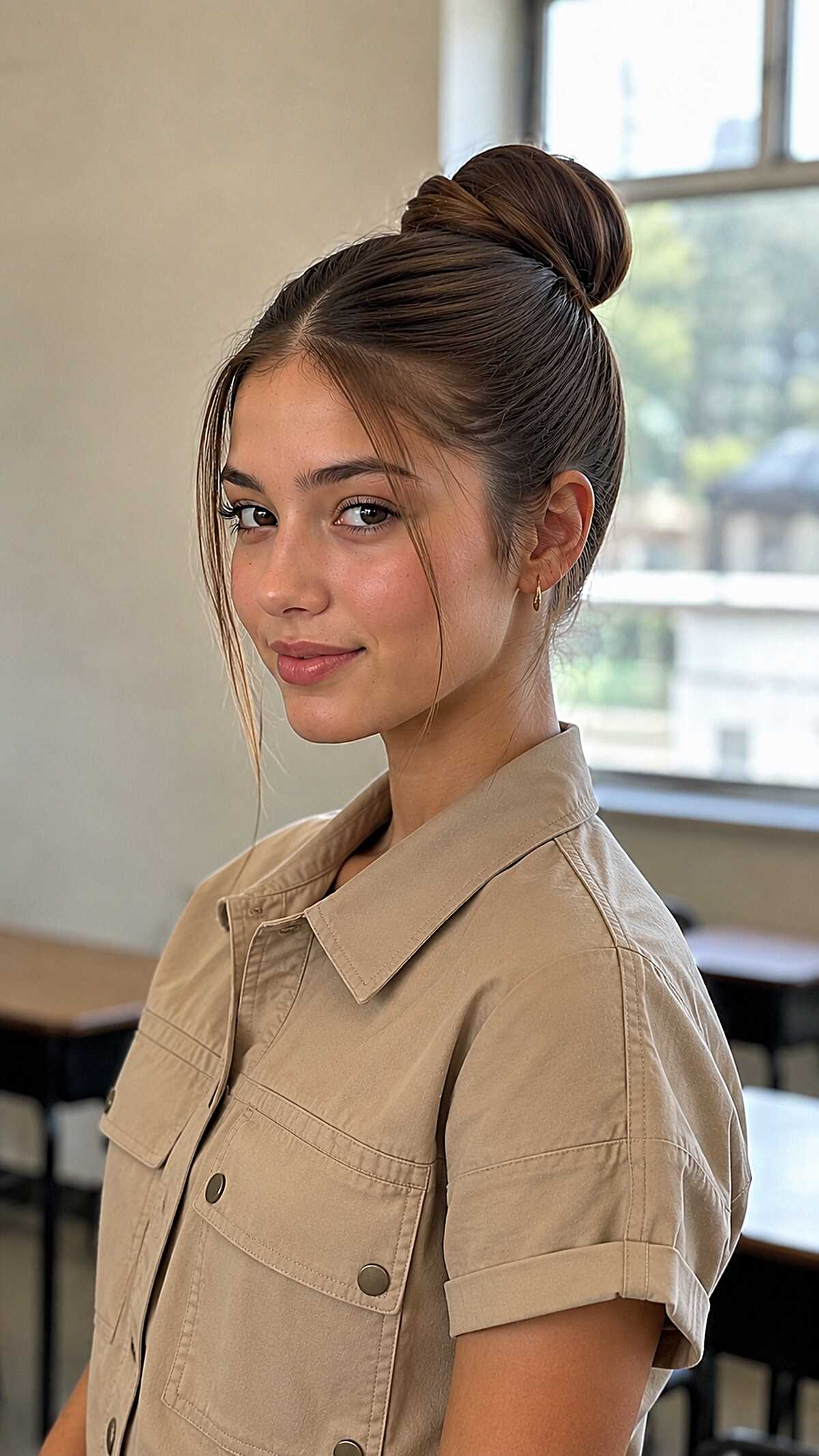 Smooth High Bun With Two Wispy Pieces That Aren't Accidental