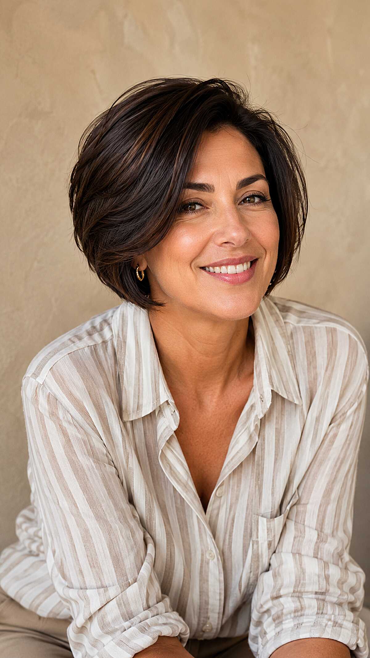 Tapered Brunette Bob with Swept Side Fringe