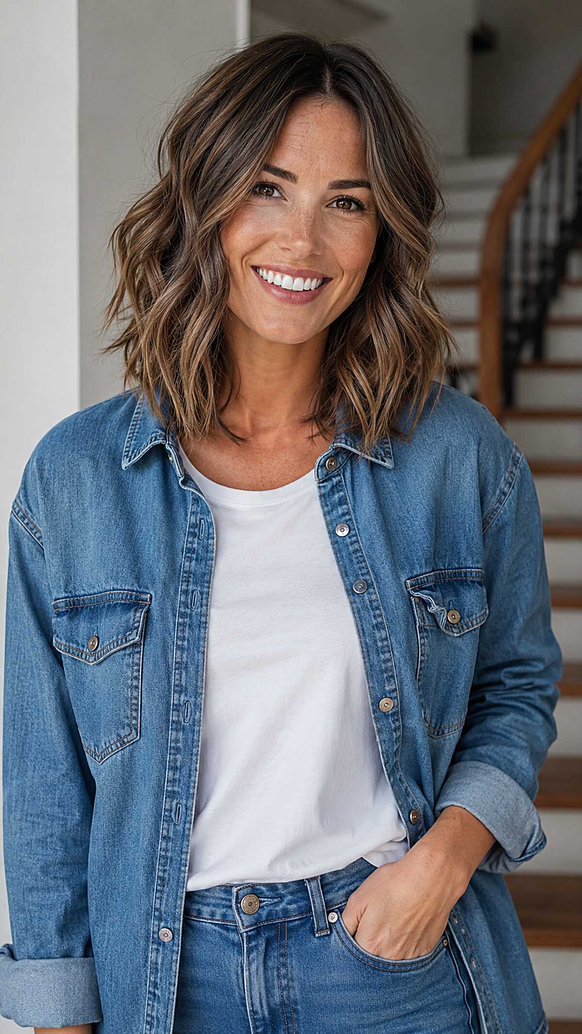 Textured Brunette Lob with Warm Toffee Ribbons