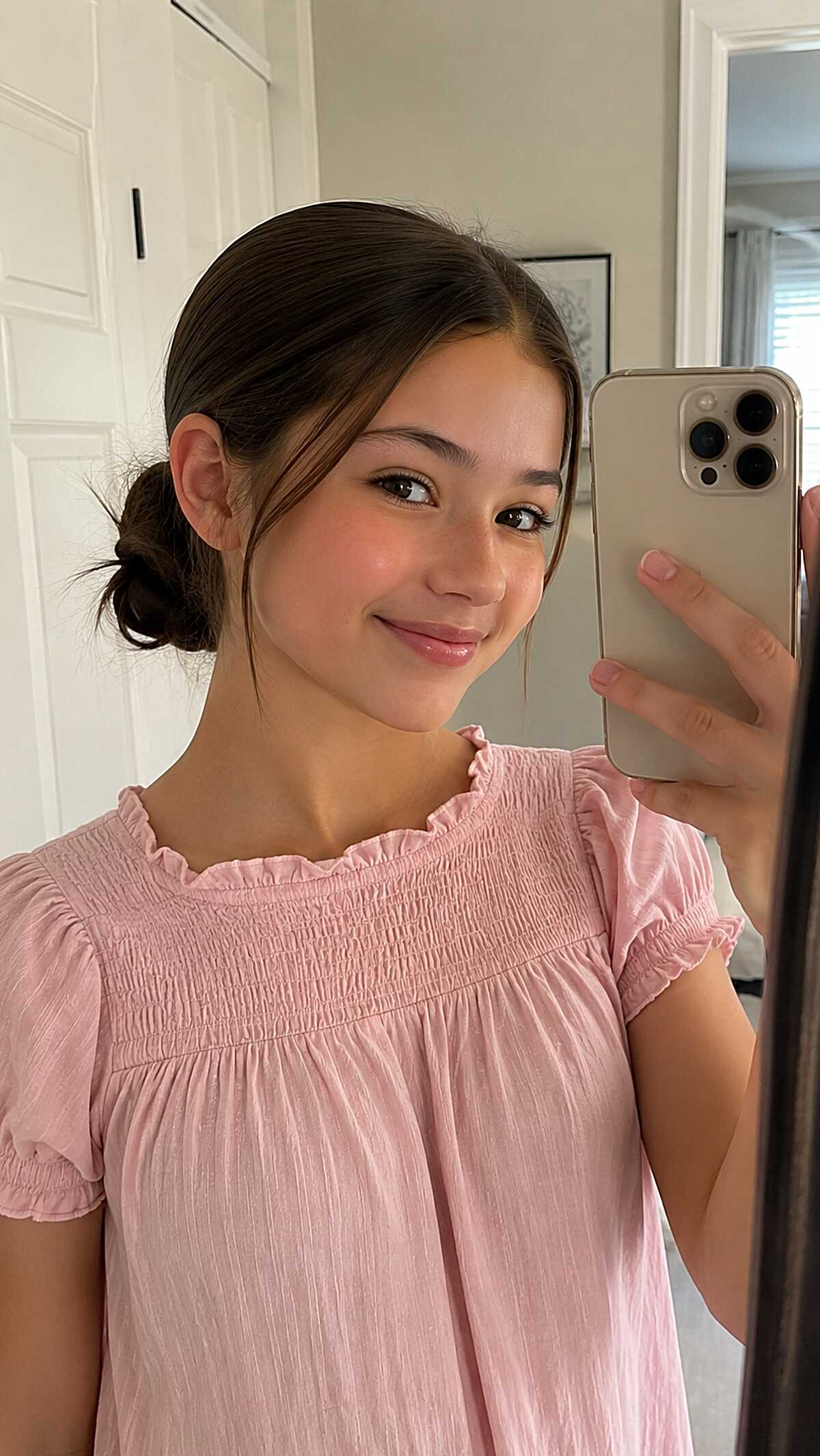 Tiny Low Bun with a Single Loose Tendril on Dark Straight Hair