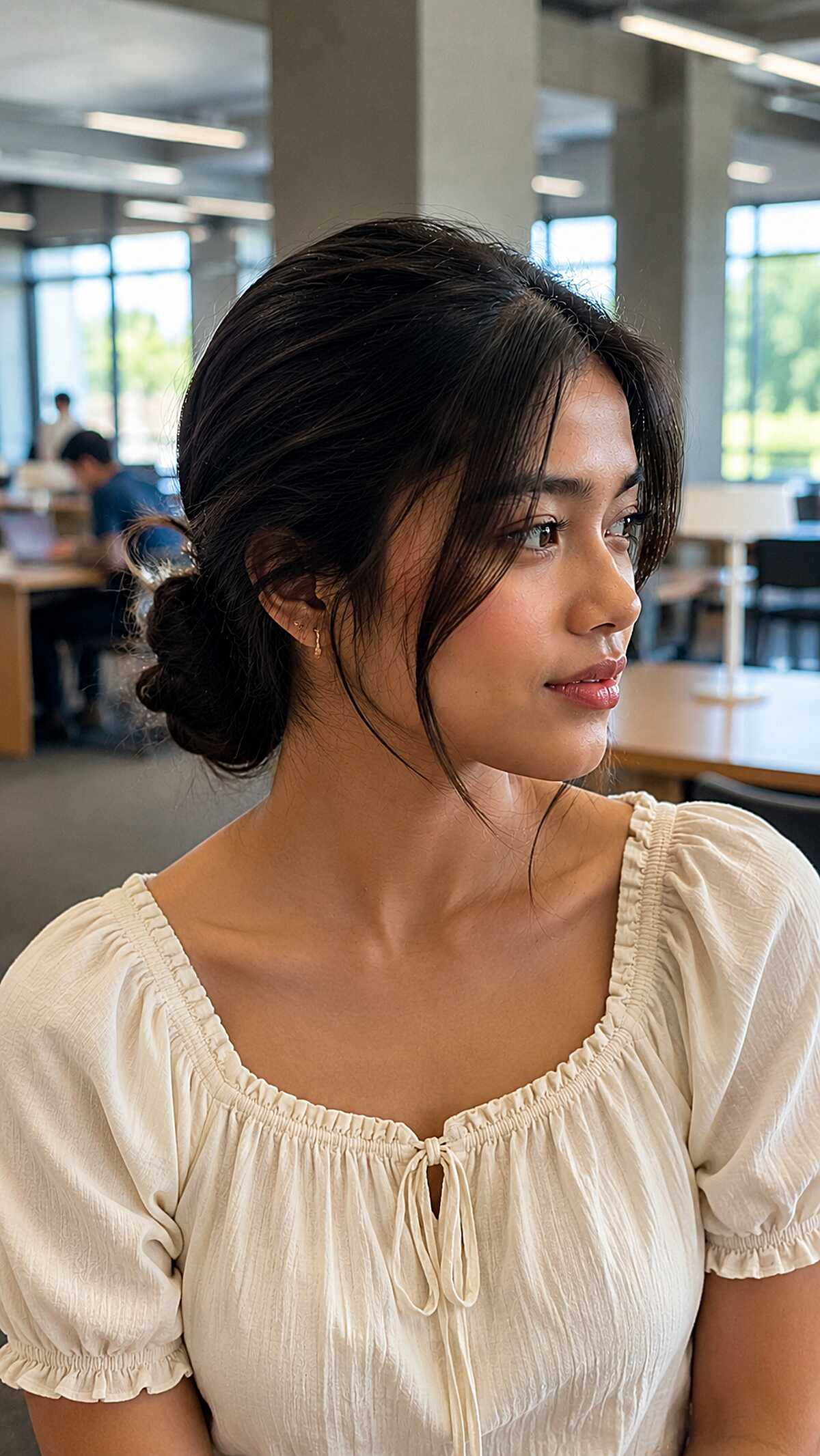 Twisted Low Bun with Loose Tendrils on Dark Medium-Length Hair