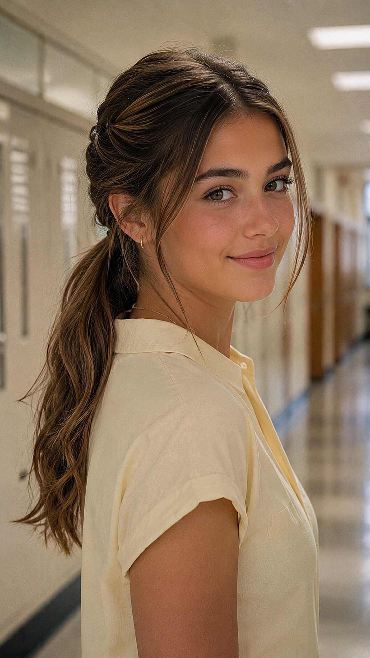 Twisted Low Pony with Loose Front Strands on Medium Brunette Hair