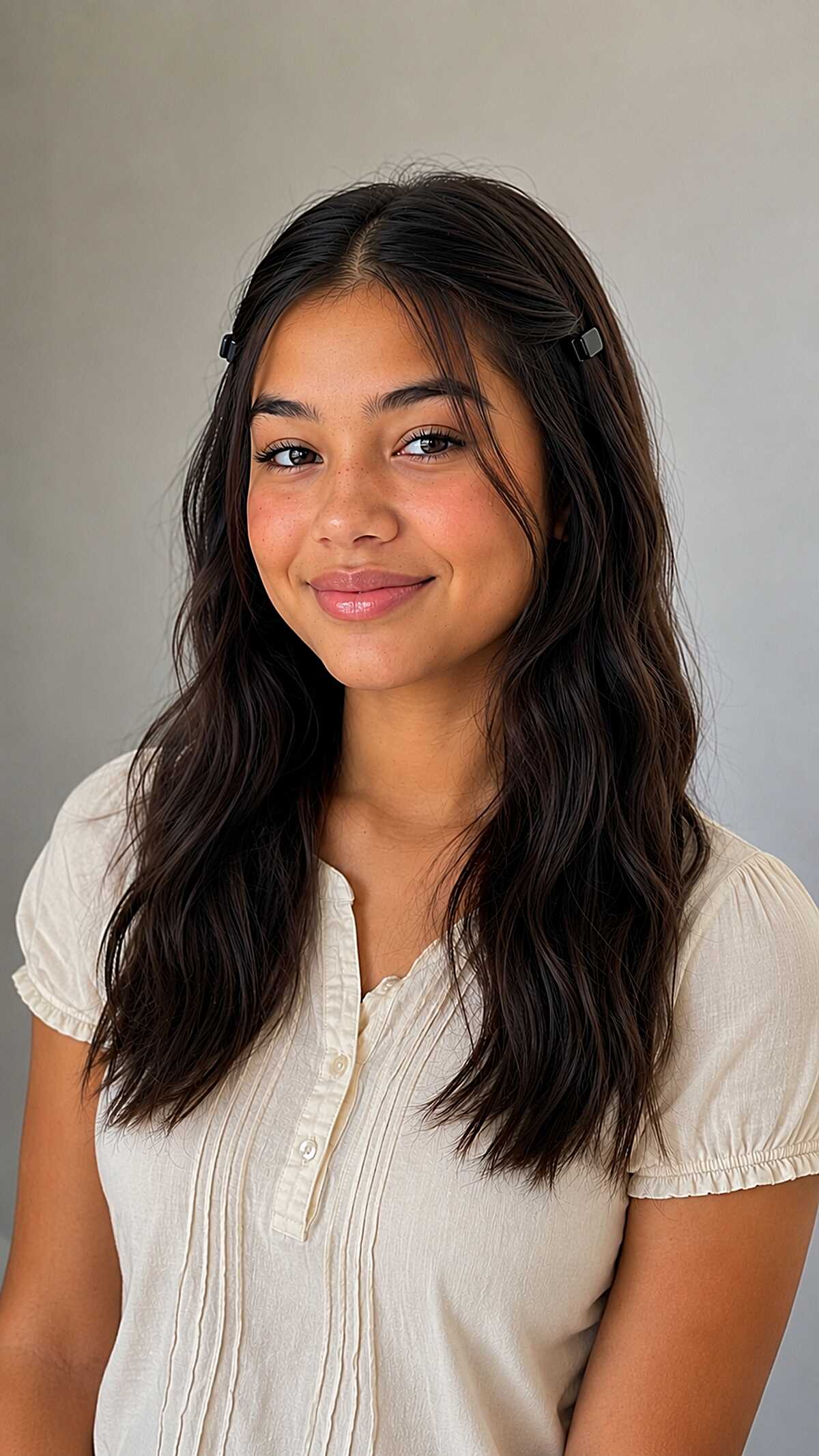 Two Small Clips Holding Back a Center Part on Wavy Dark Hair