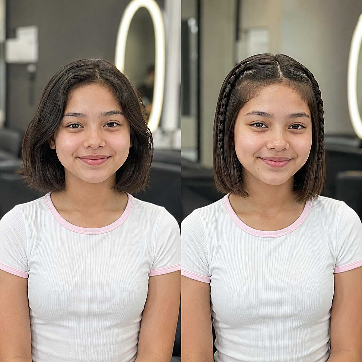 Two Small Crown Braids on a Chin-Length Bob That Went From Flat to Done