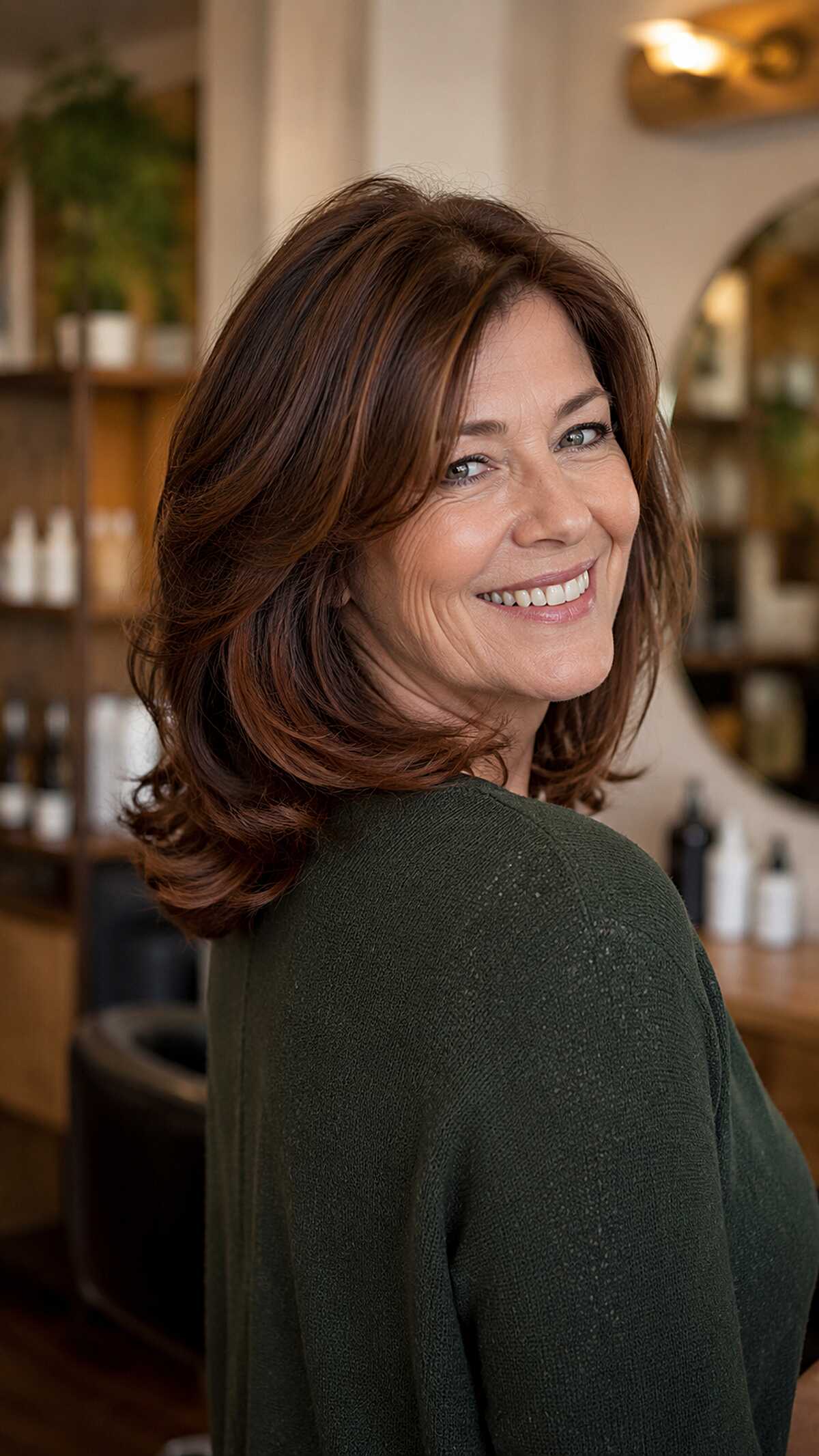 Warm Auburn-Kissed Brunette with Bouncy Layered Ends