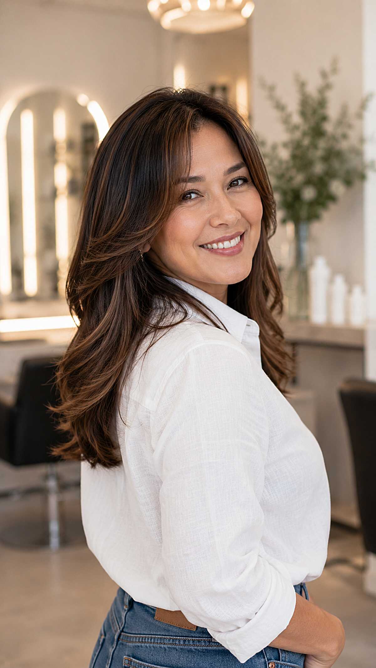 Warm Brunette Blowout with Curtain-Swept Layers