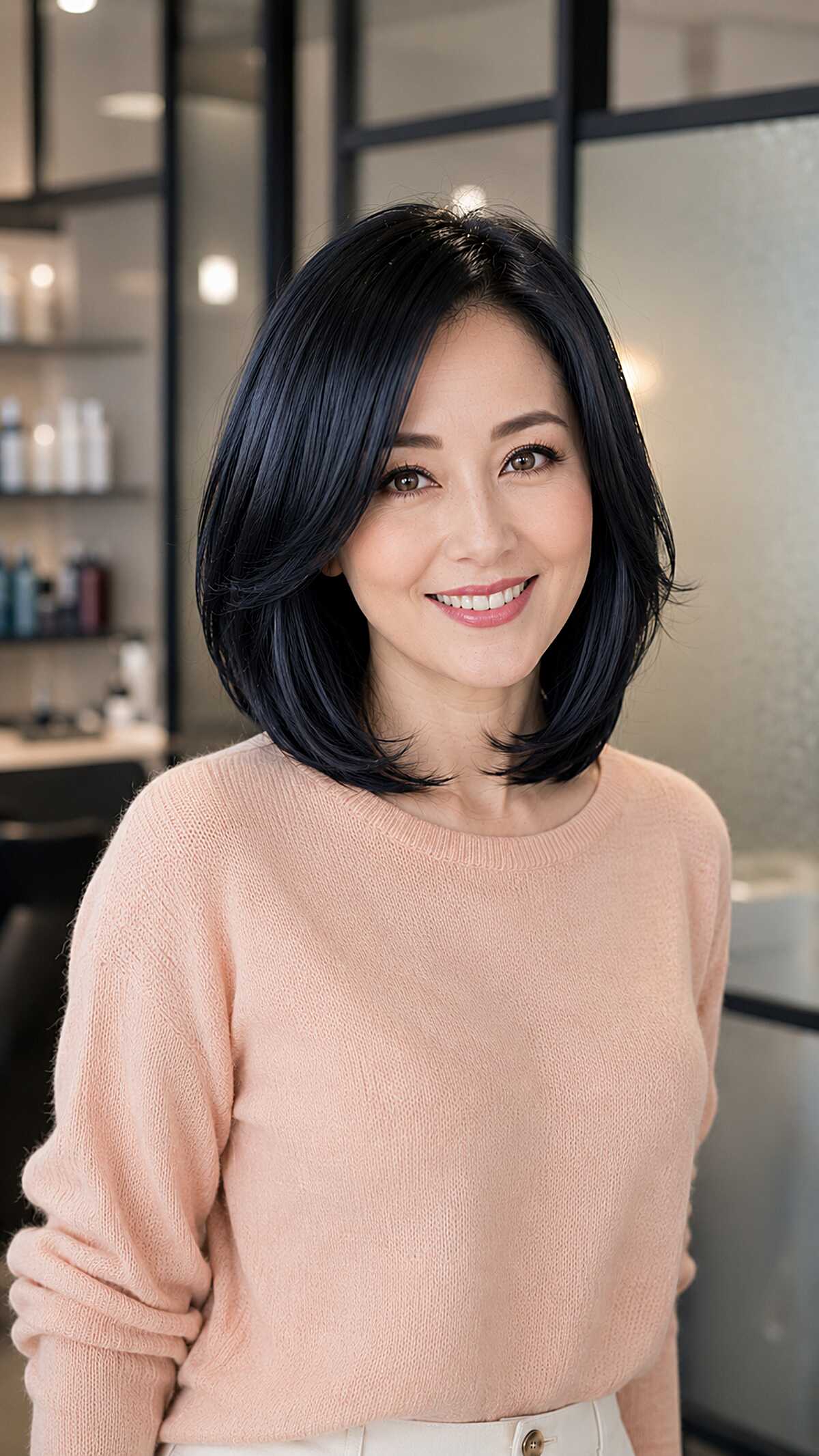 Blue-black chin-length bob with flipped-out ends