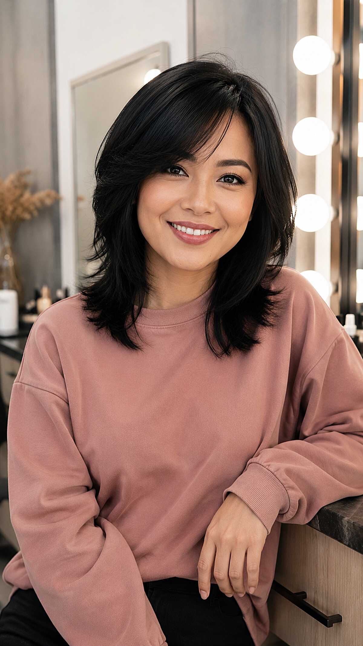 Layered black bob with swoopy side bangs and texture