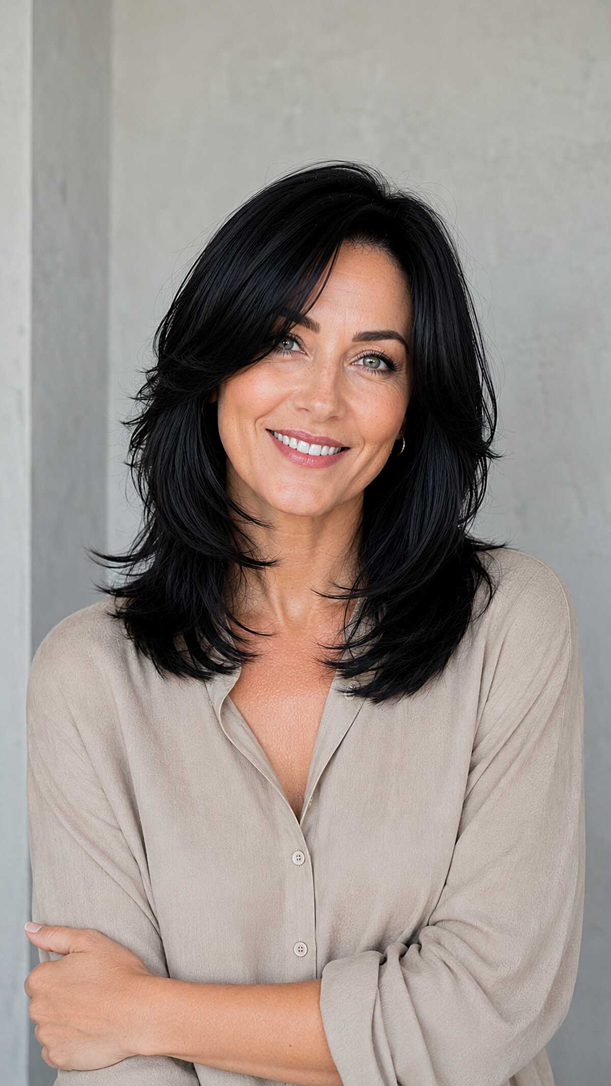 Voluminous medium black layers with side-swept styling