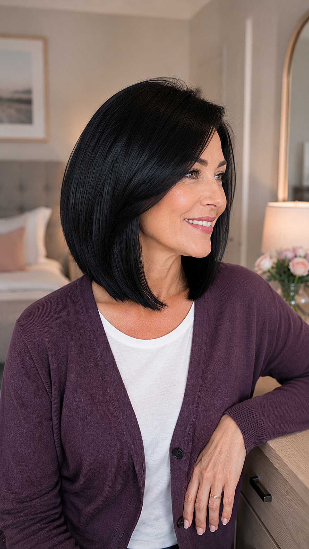 Sleek jet black angled bob seen from the side