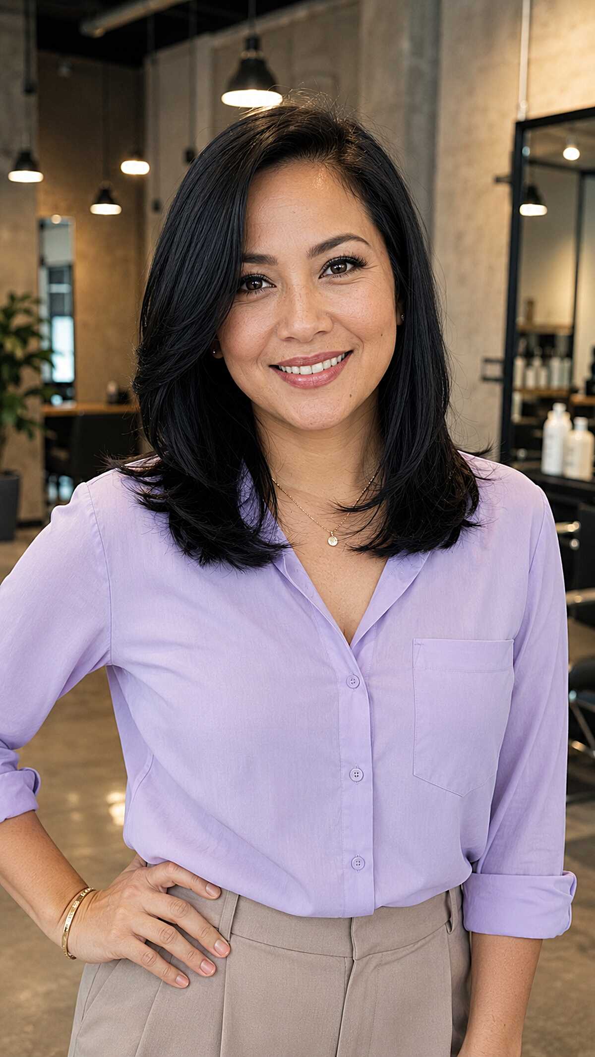 Medium black hair with soft flipped ends and side part