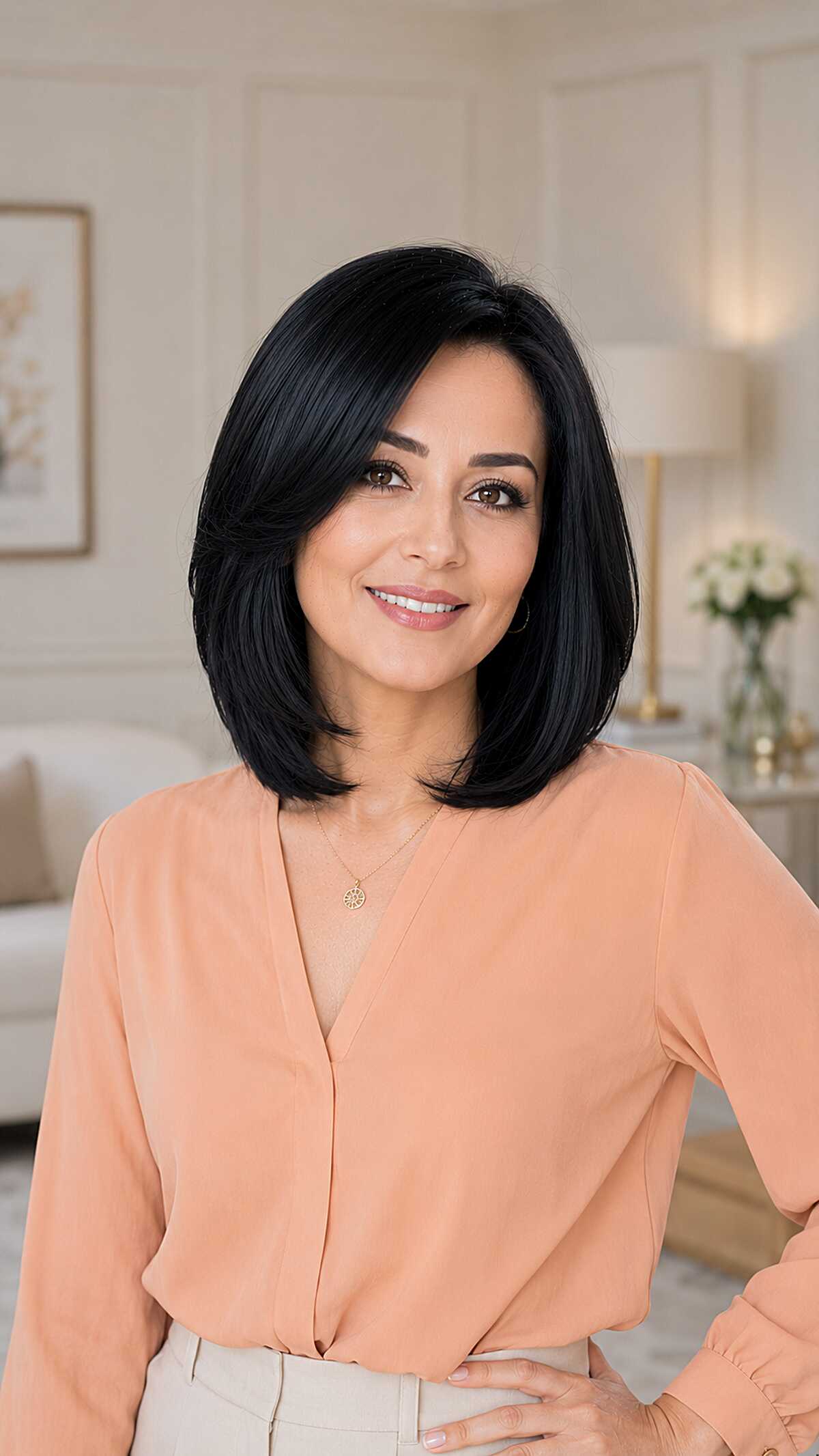 Soft rounded black bob with face-framing layers