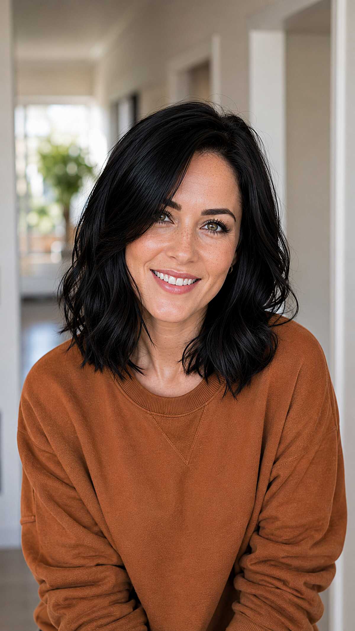 Textured black lob with a soft wave and no bangs