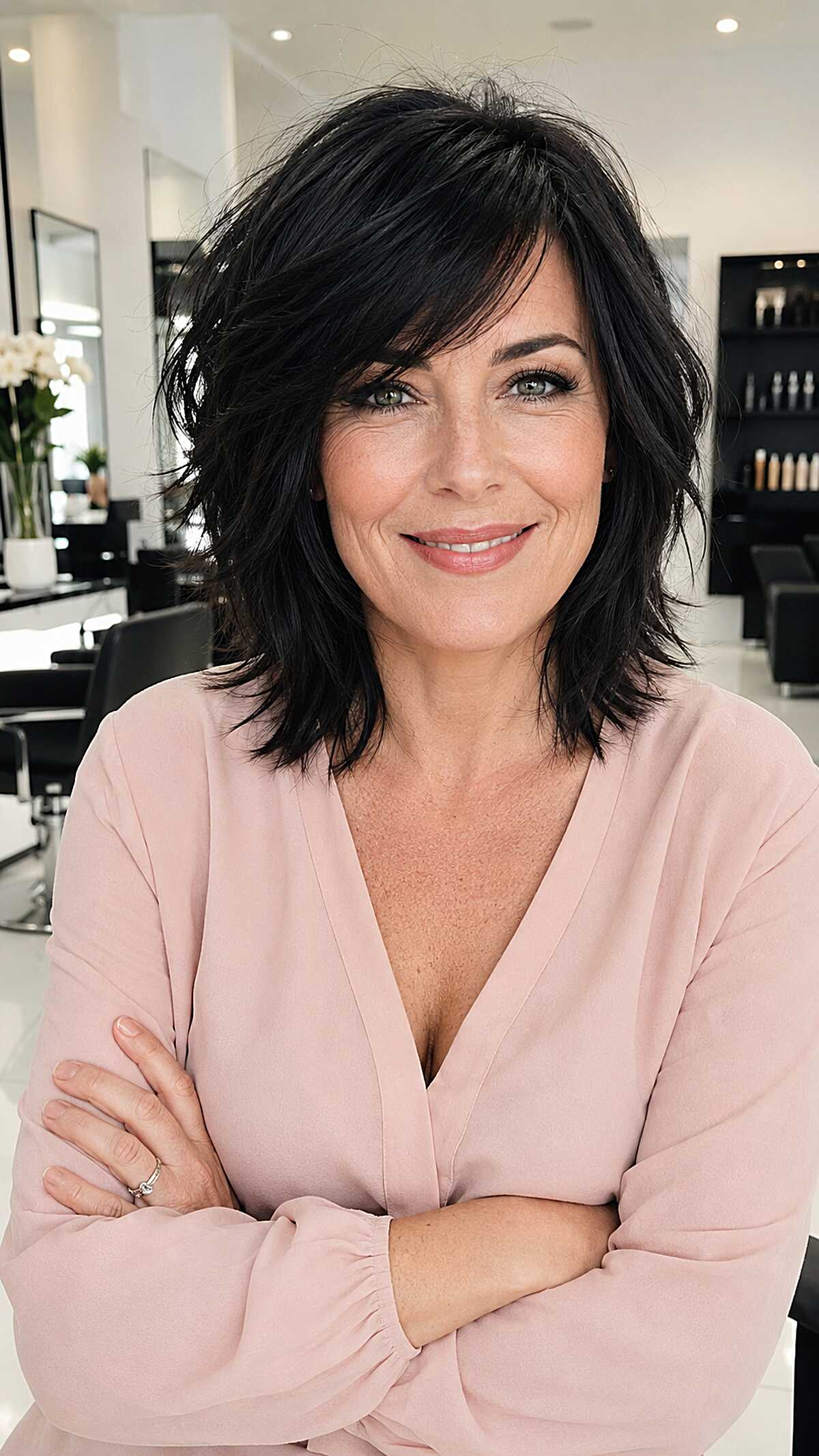 Choppy black shag haircut with piecey layered bangs