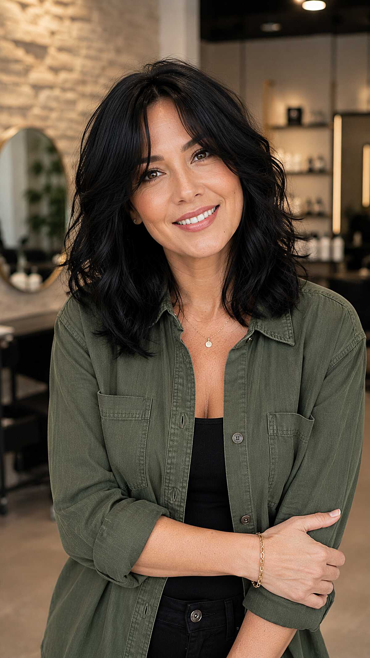 Wavy black lob with a center part and tousled texture