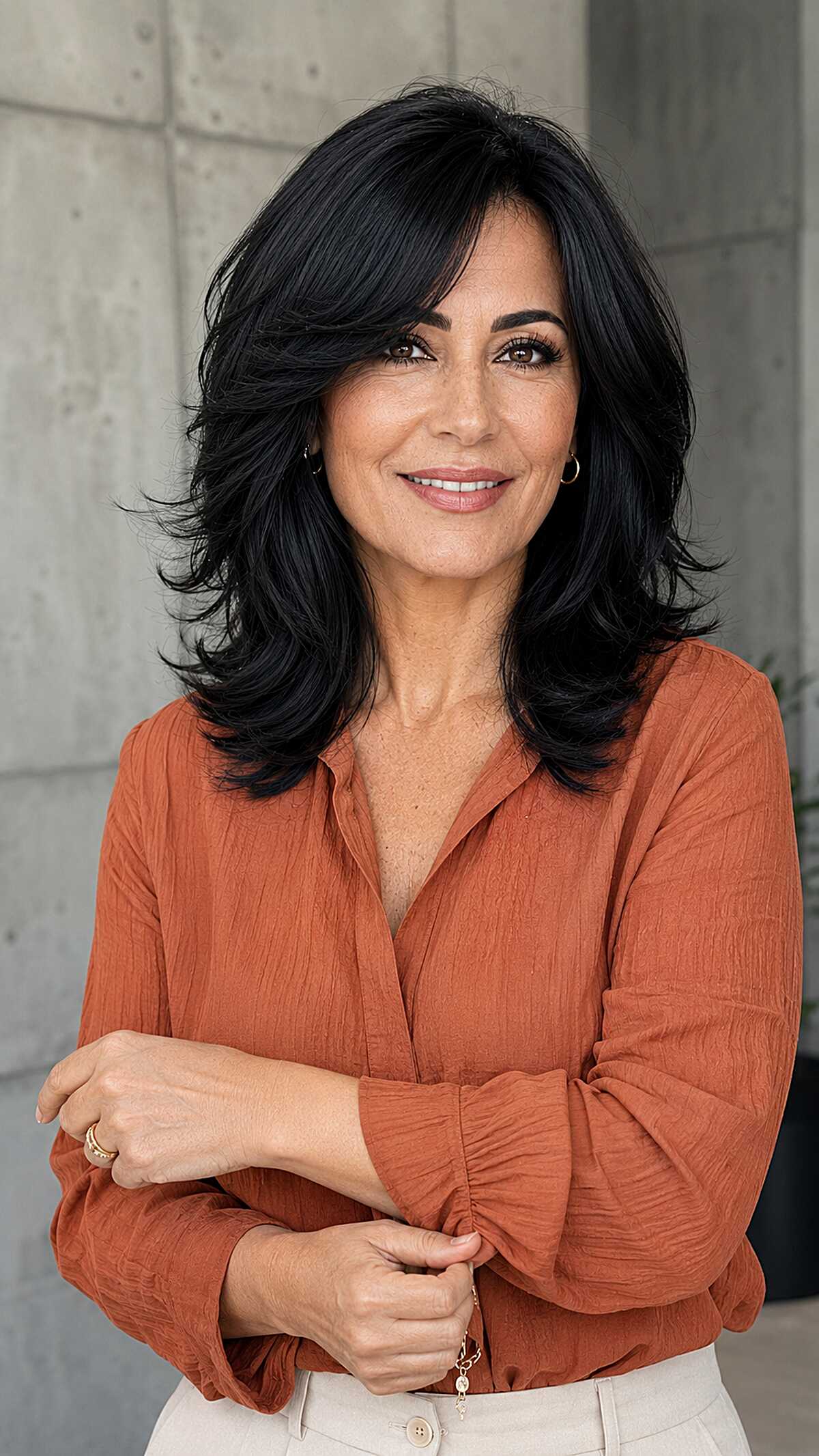Layered medium black hair with curtain bangs and volume