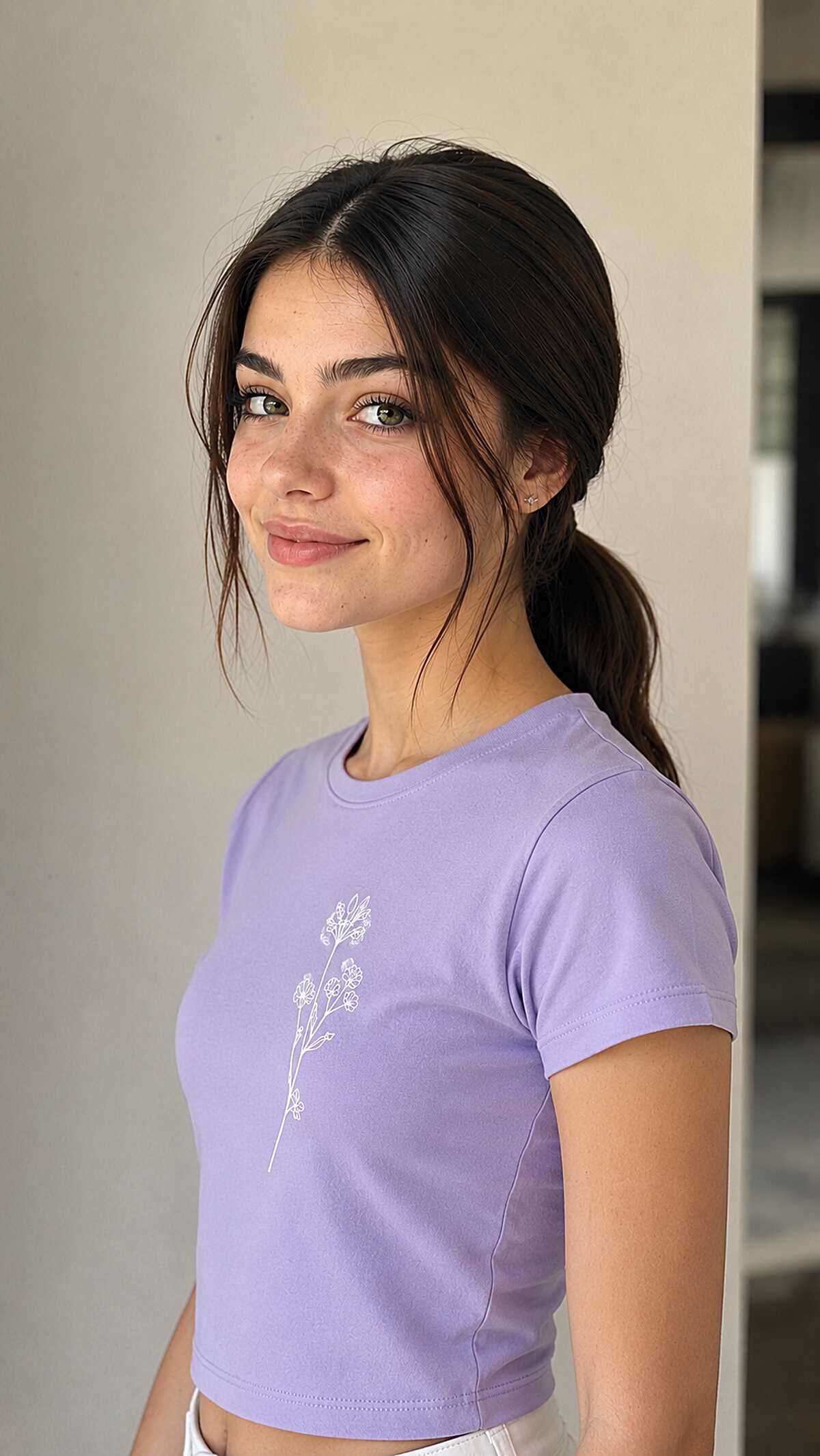 Casual Low Ponytail with Wispy Front Pieces on Dark Brunette Hair