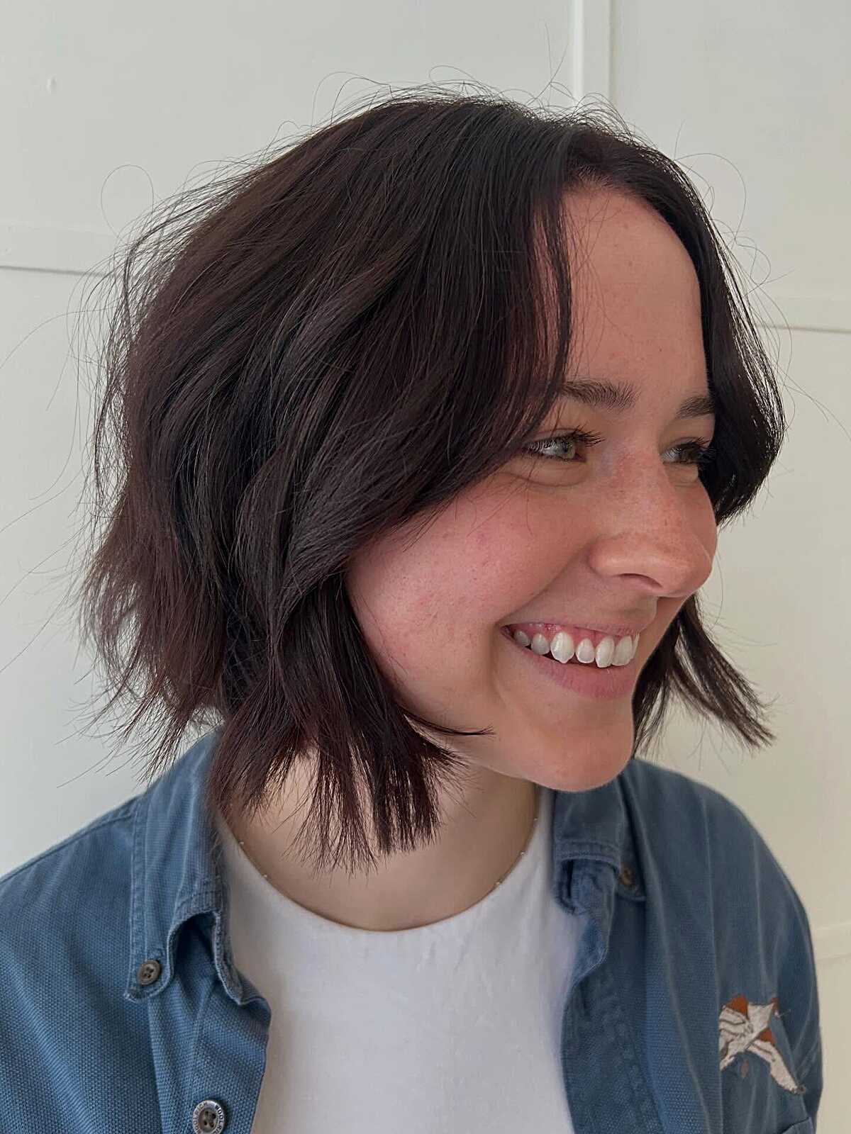 Choppy Dark Brunette Bob With Razored Ends and Lived-In Texture
