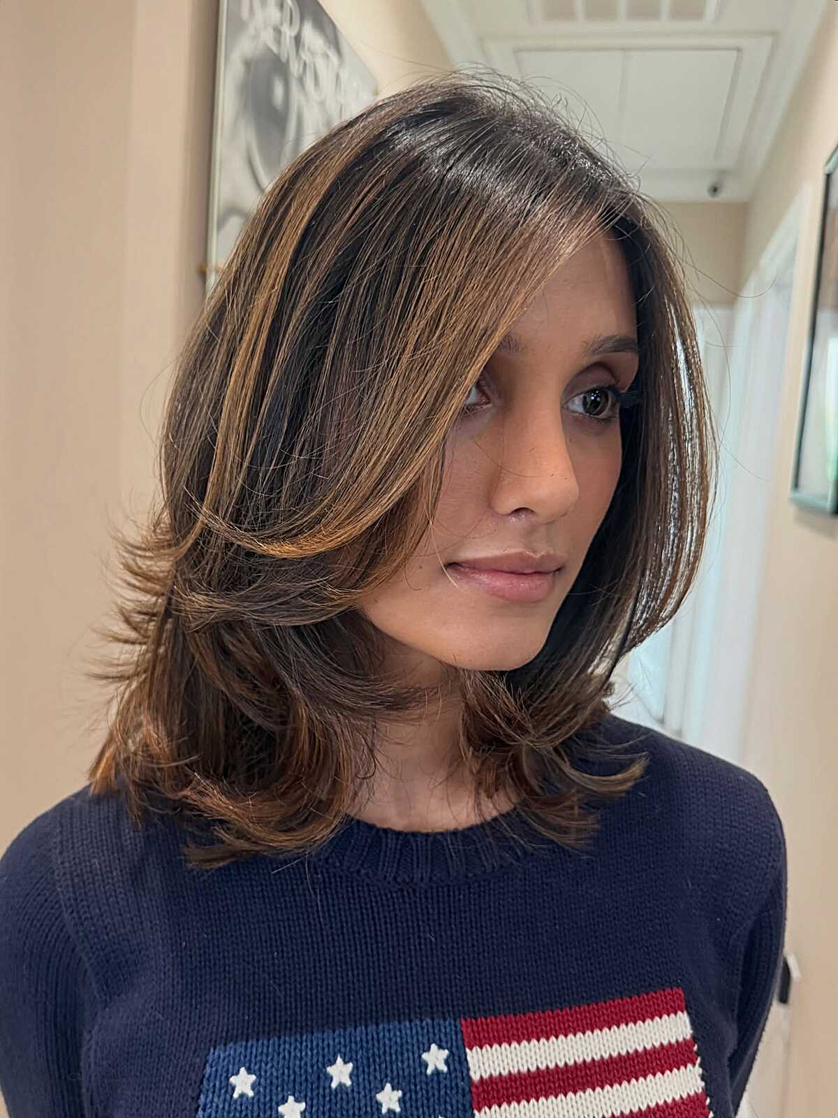 Collarbone Layered Bob With Warm Caramel Ribbons and Curtain Part