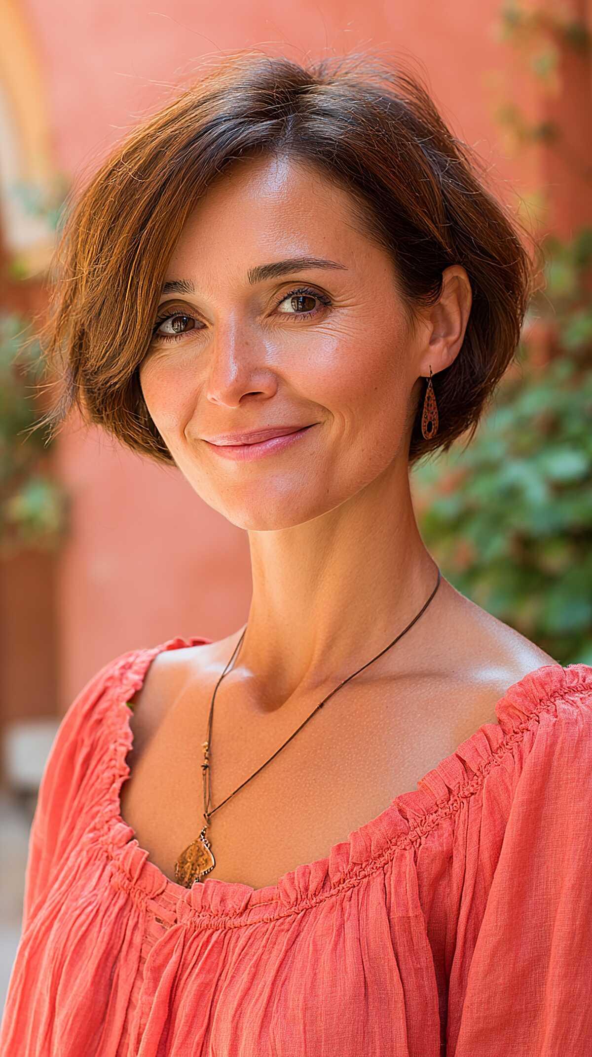 Ear-Length Brunette Bob with Tucked Side and Razored Texture