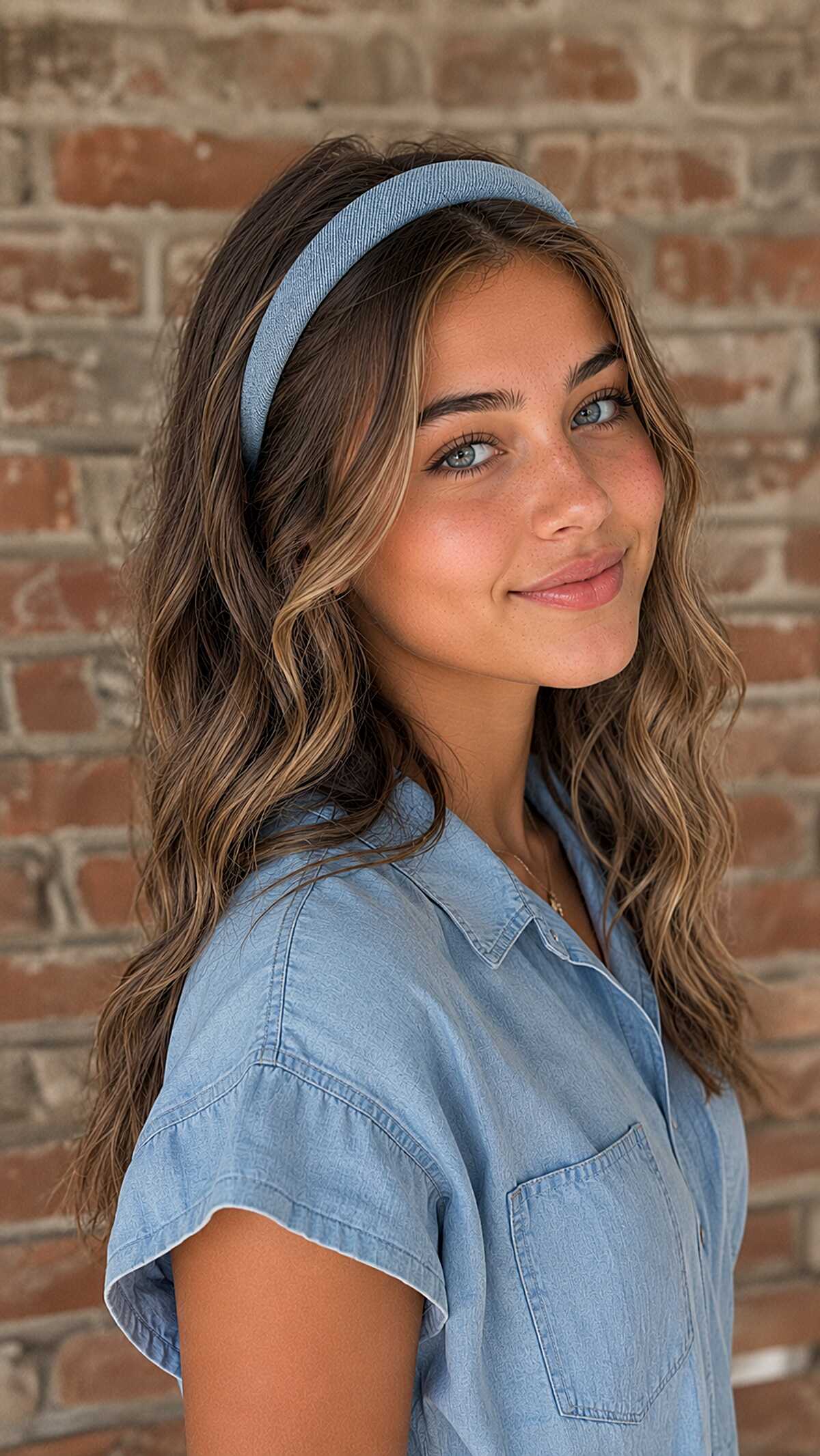 Fabric Headband Pushing Back Loose Waves on Sun-Kissed Brunette