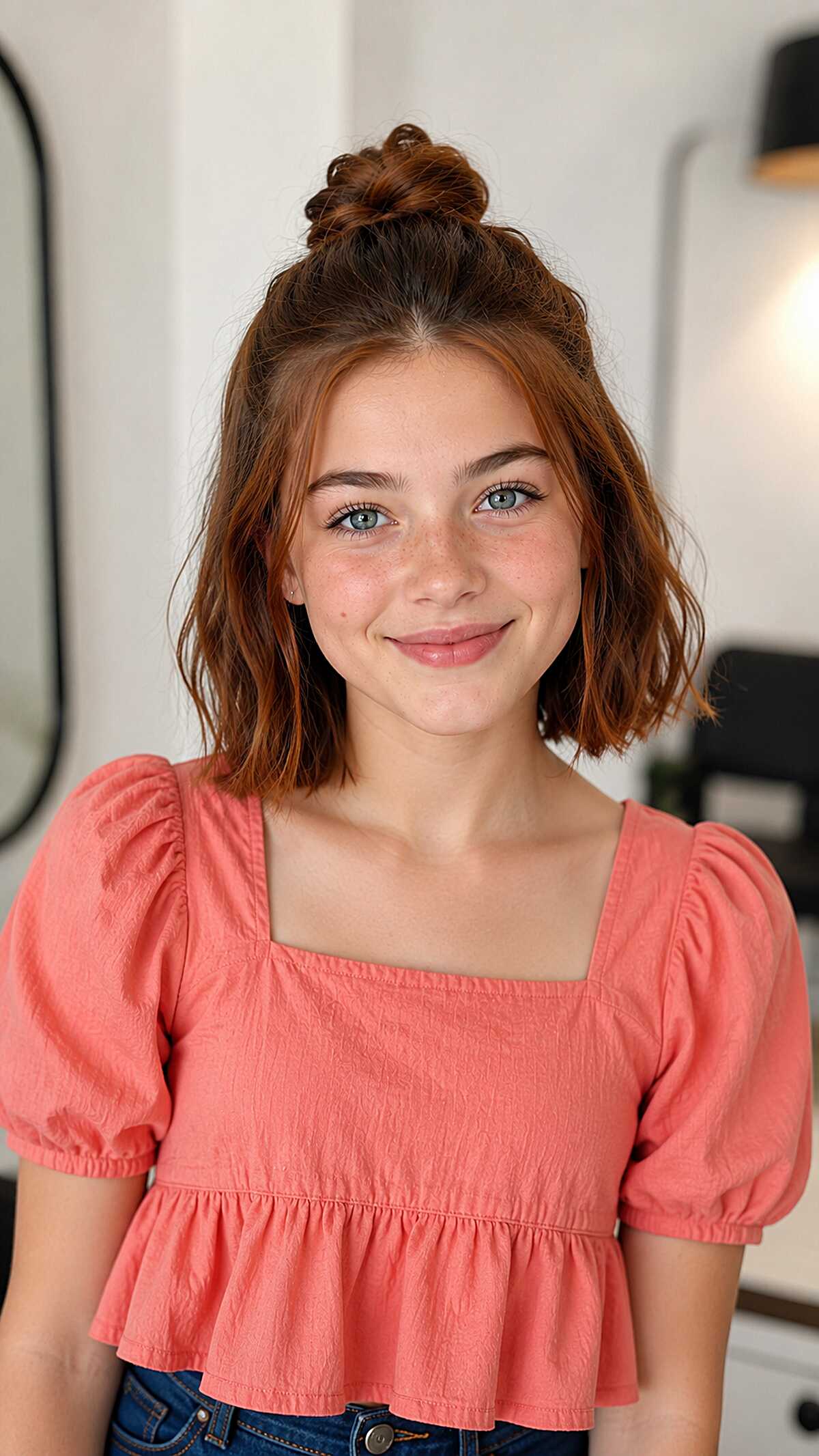 Half-Up Mini Bun on a Chin-Length Textured Cut with Warm Auburn Tone