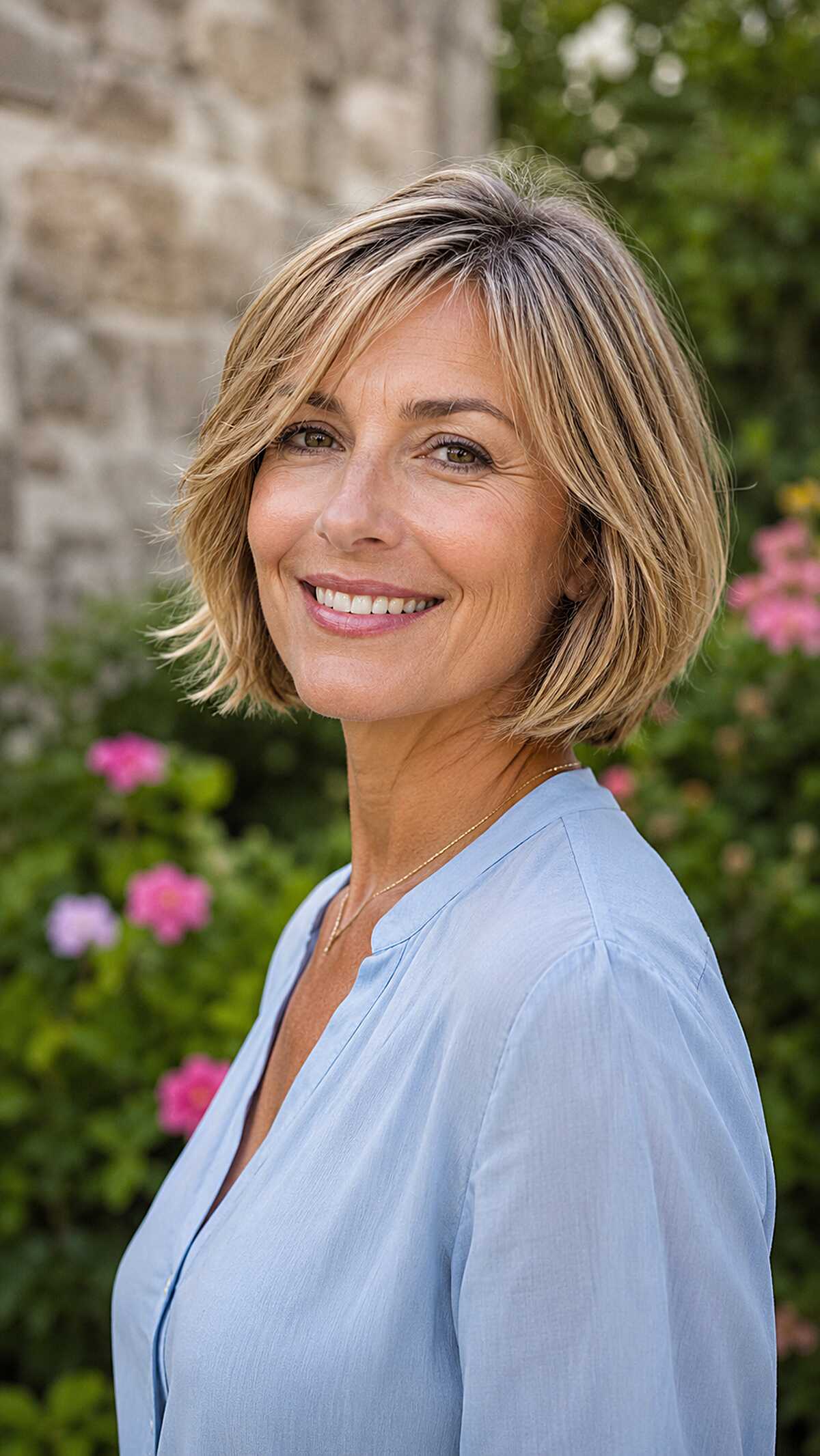 Layered Dirty Blonde Bob with Feathered Bangs