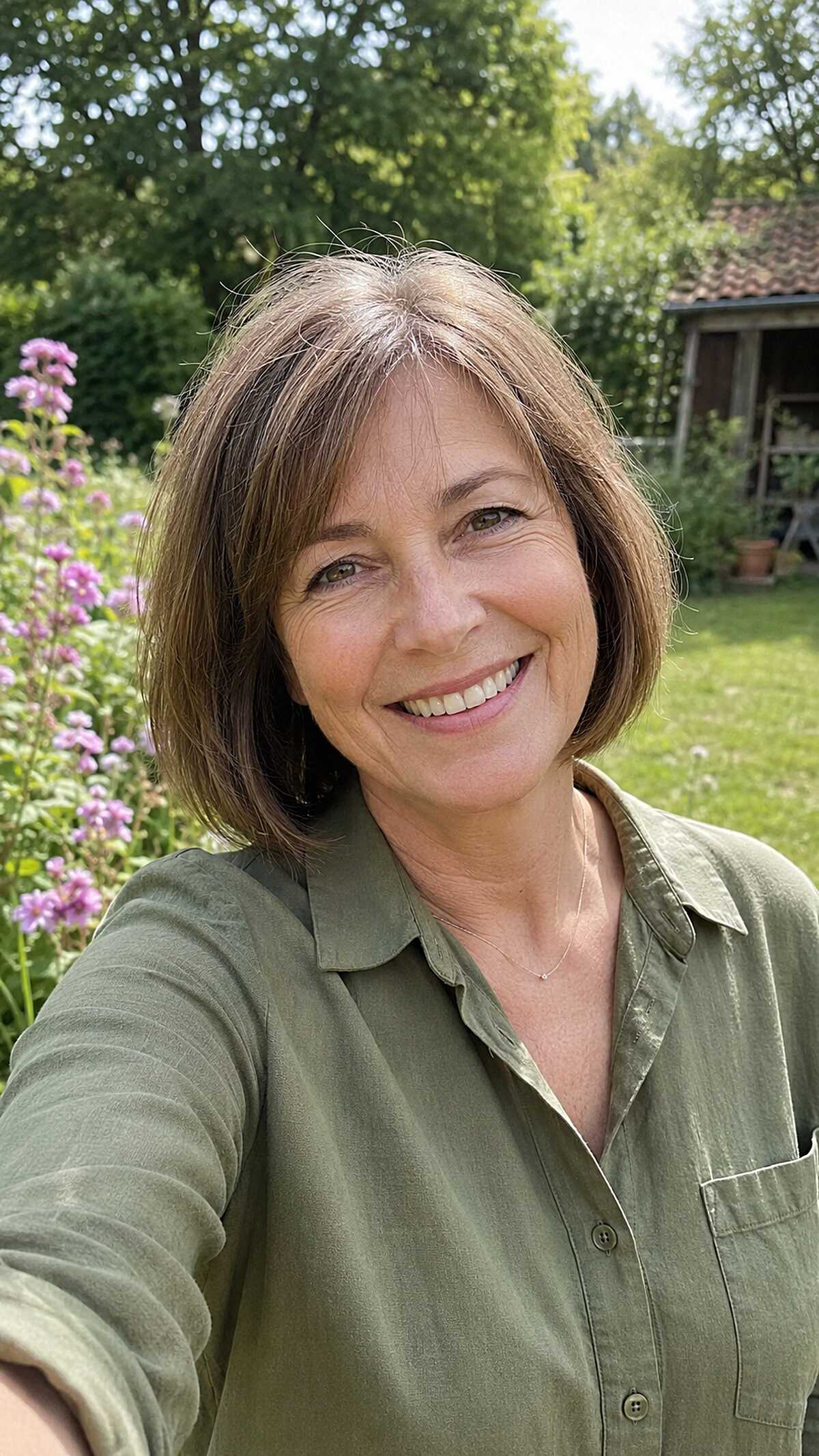 Natural Brunette Bob with Curtain Fringe and Grown-Out Highlights