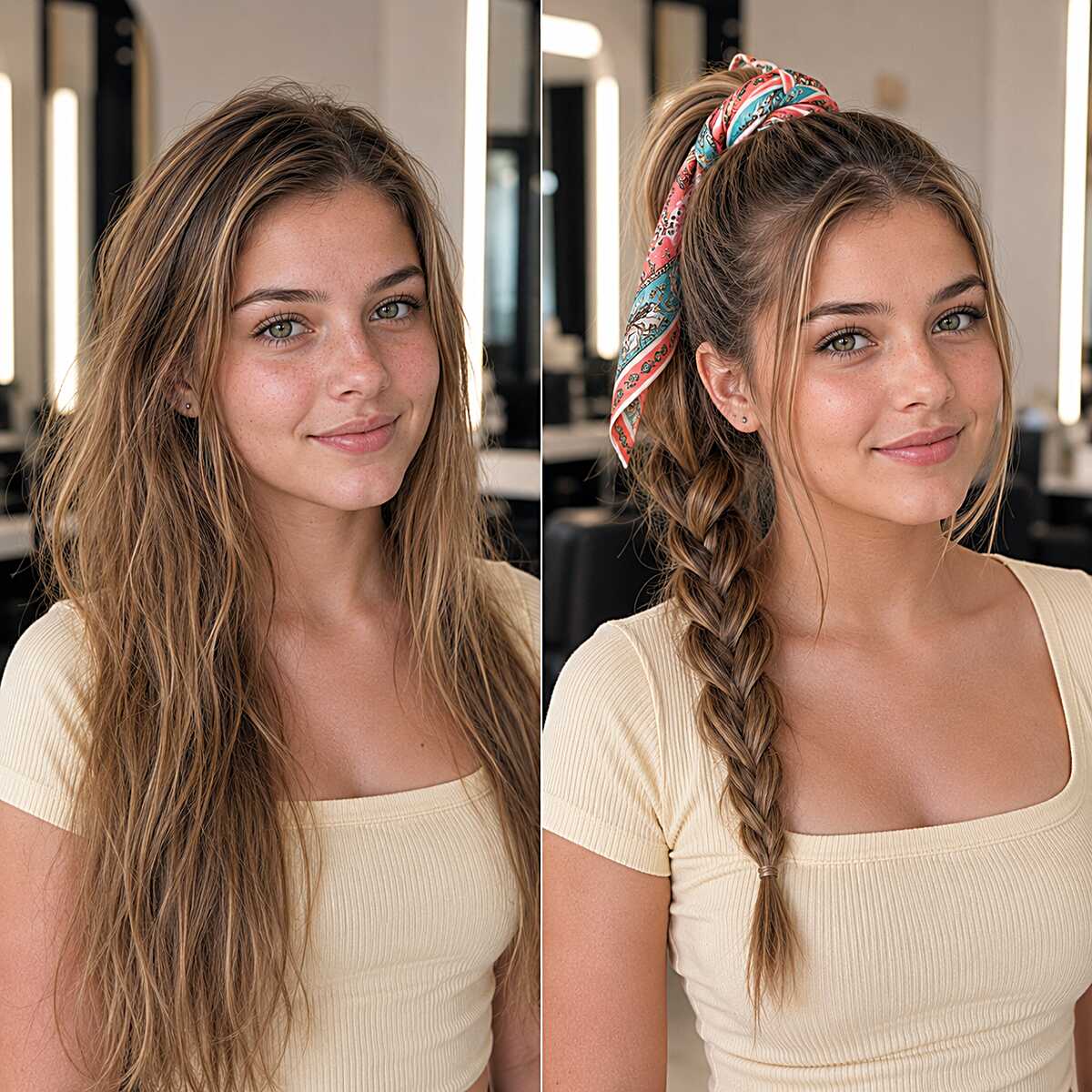 Scarf-Wrapped High Ponytail Pulled into a Loose Fishtail on Bronde Layers