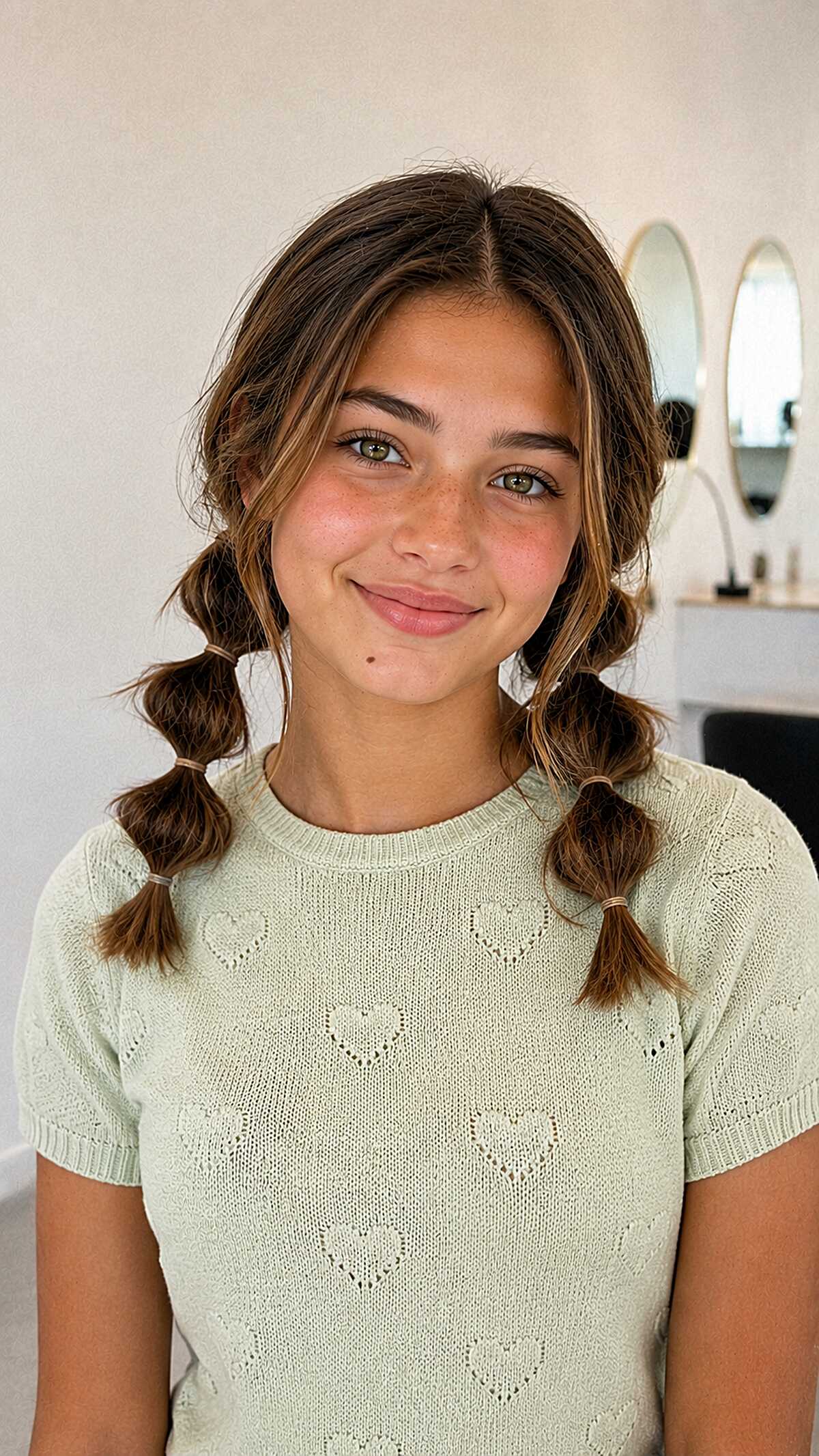 Short Bubble Pigtails with Loose Front Pieces on Wavy Brunette Hair