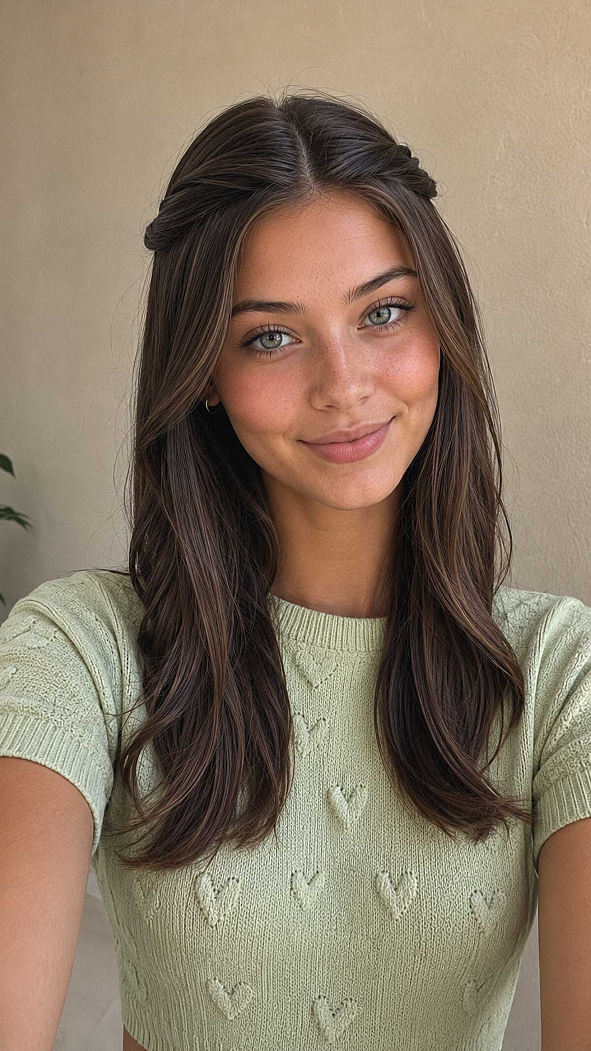 Small Twist Pinned at the Crown on Long Brunette Layers