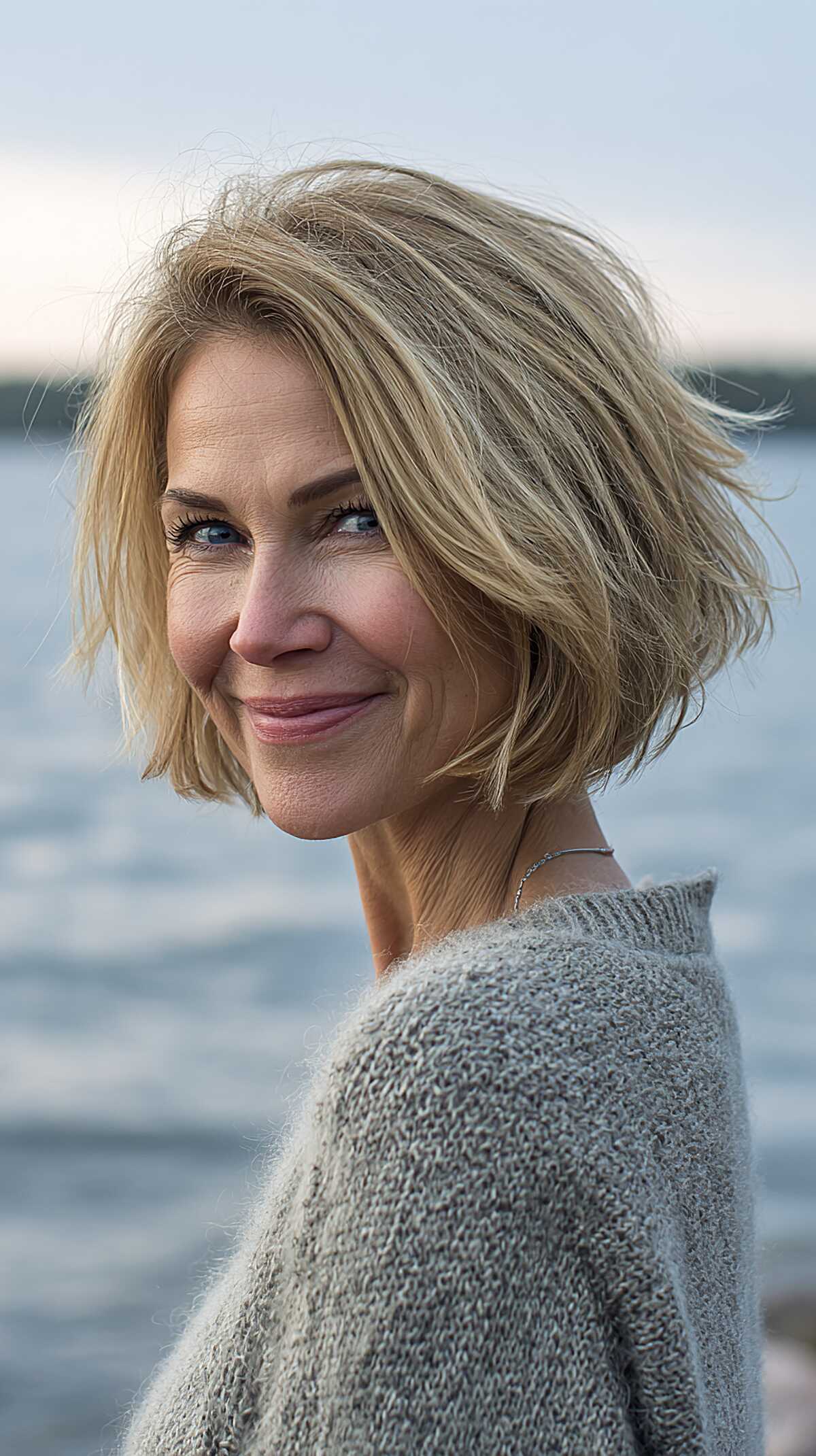 Tousled Jaw-Length Choppy Bob with Natural Blonde Dimension