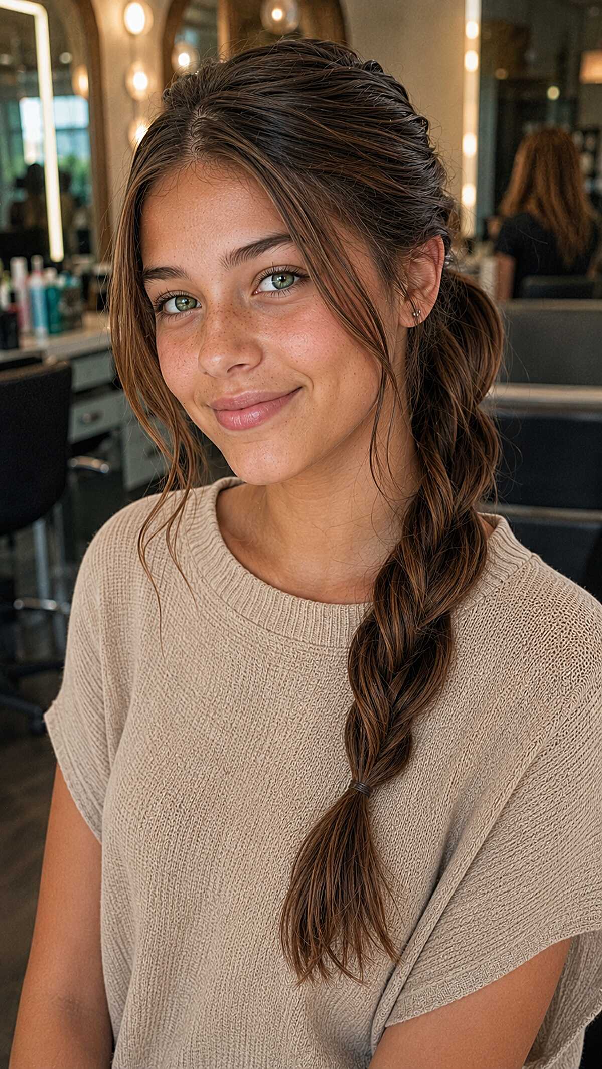 Twisted Side Braid with Soft Curtain Pieces on Brunette Hair