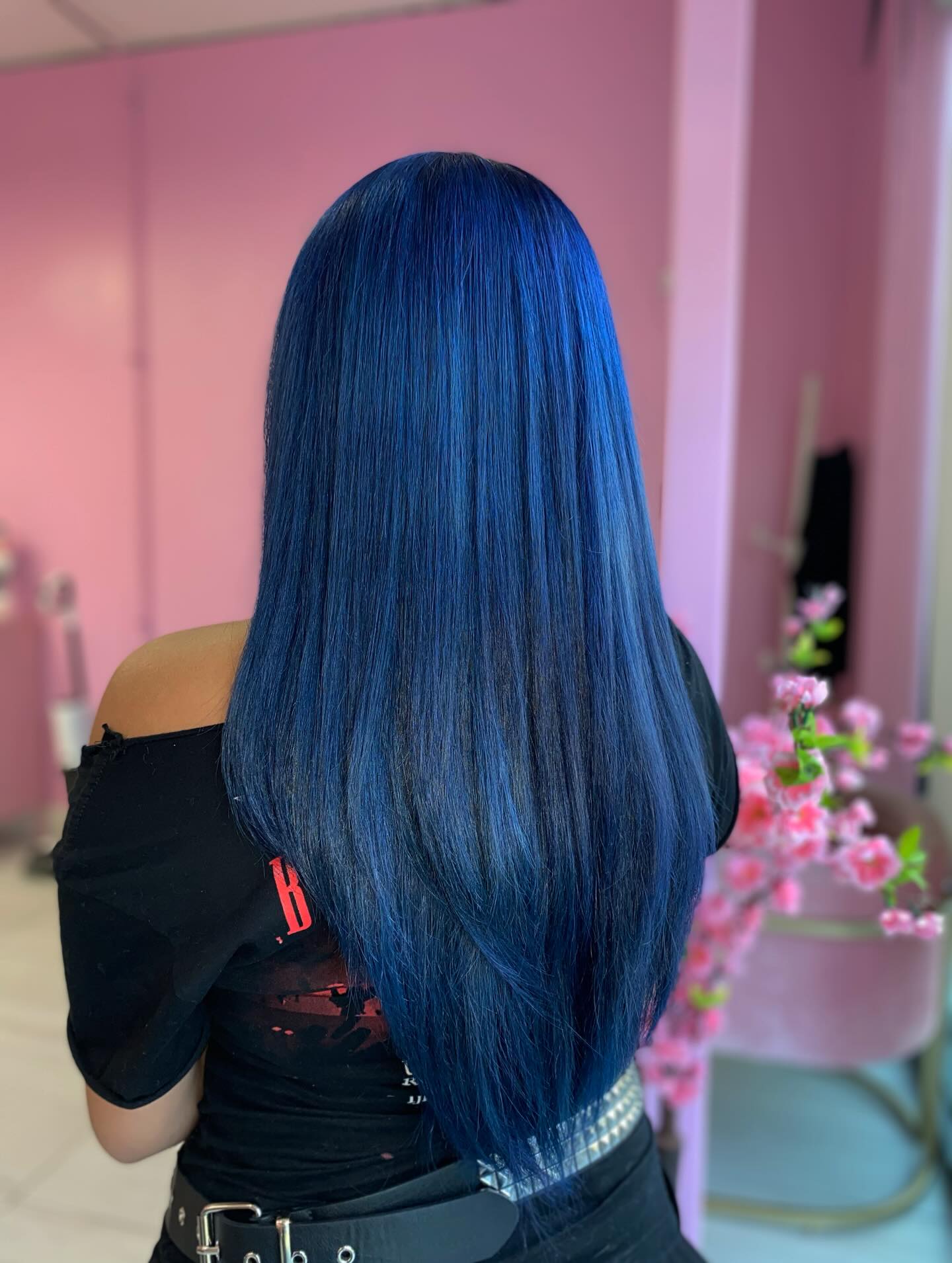 Vibrant Navy Long Straight Hair with Glossy Finish