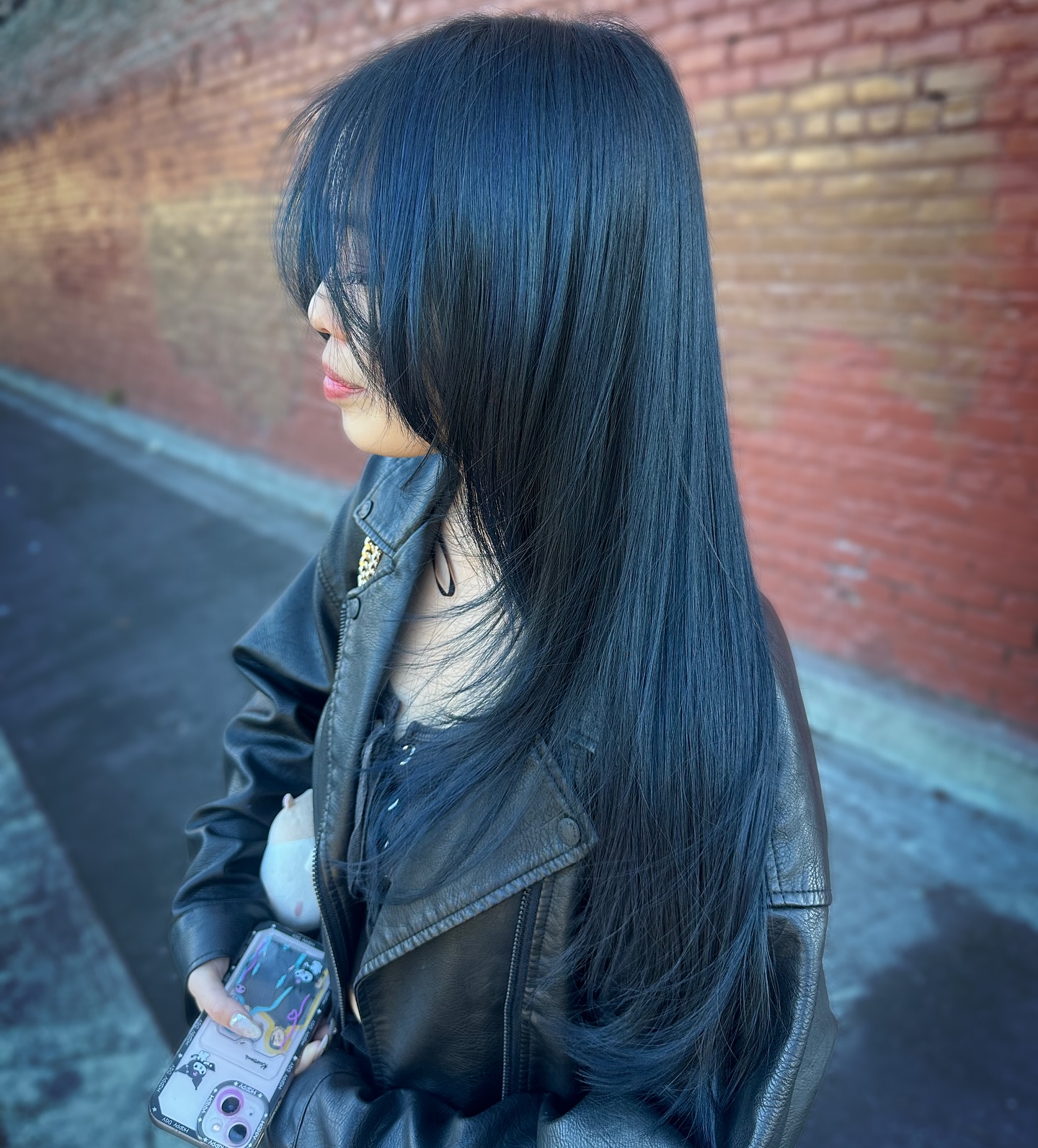 Modern Navy Long Silky Layers with Face-Framing Bangs