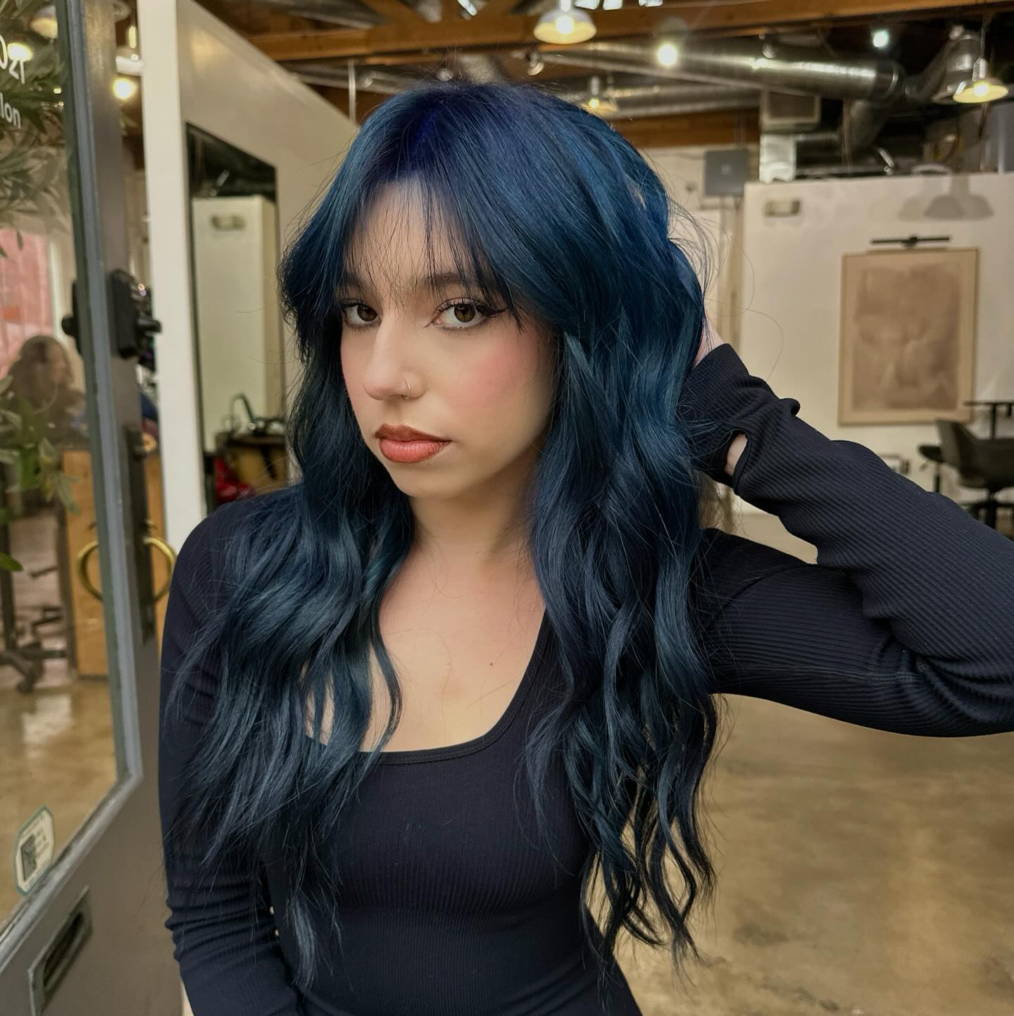 Textured Navy Long Waves with Face-Framing Bangs
